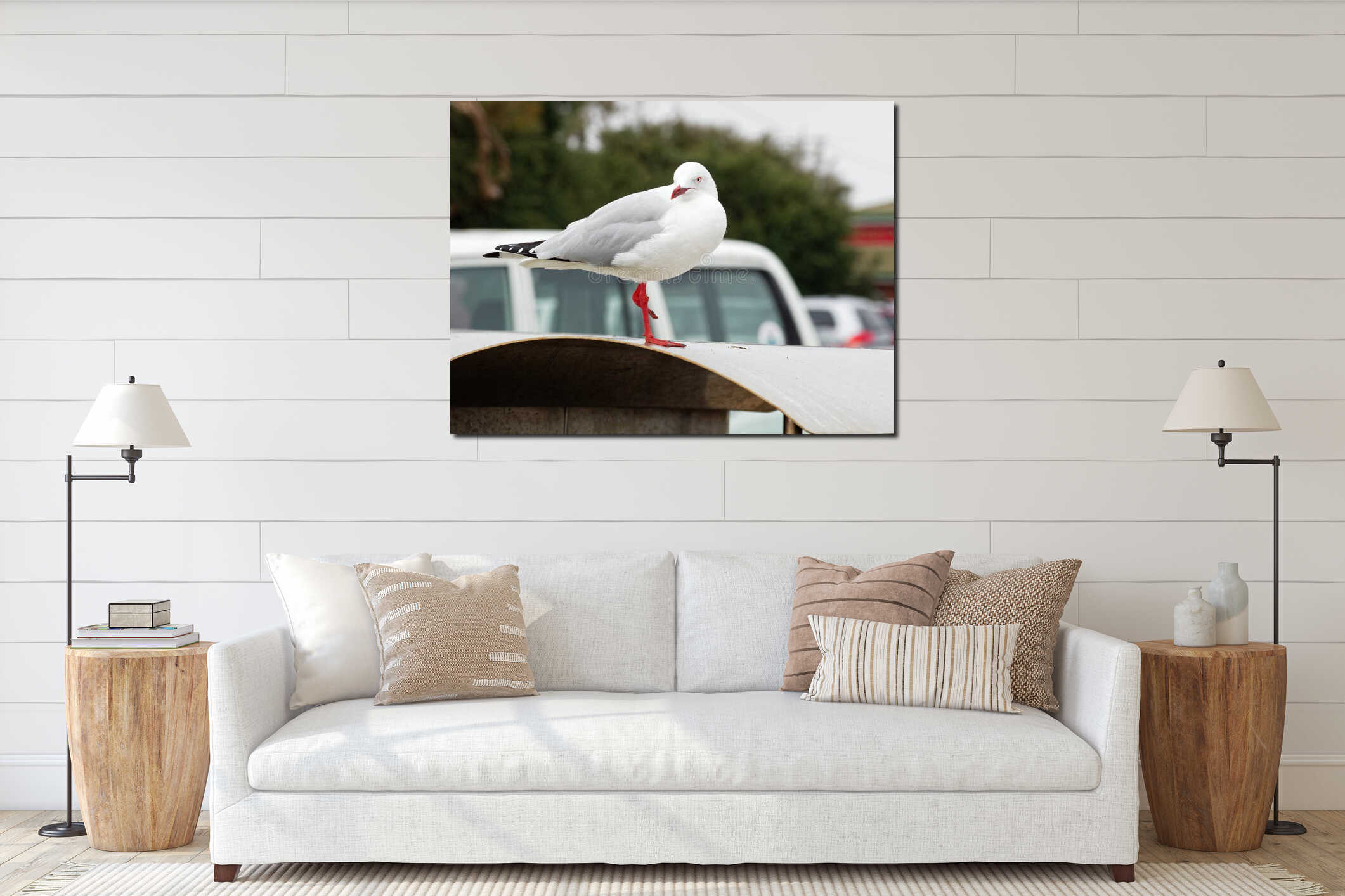 Seagull on trashcan by the beach interior mockup
