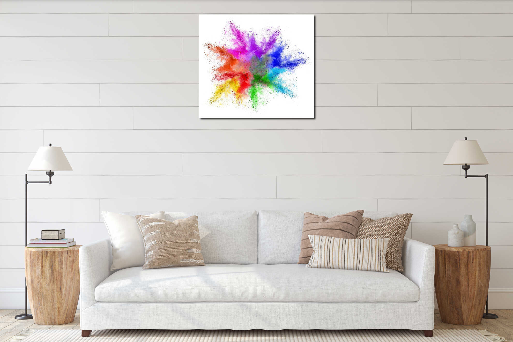 Abstract colorful rainbow holi powder color cloud interior mockup
