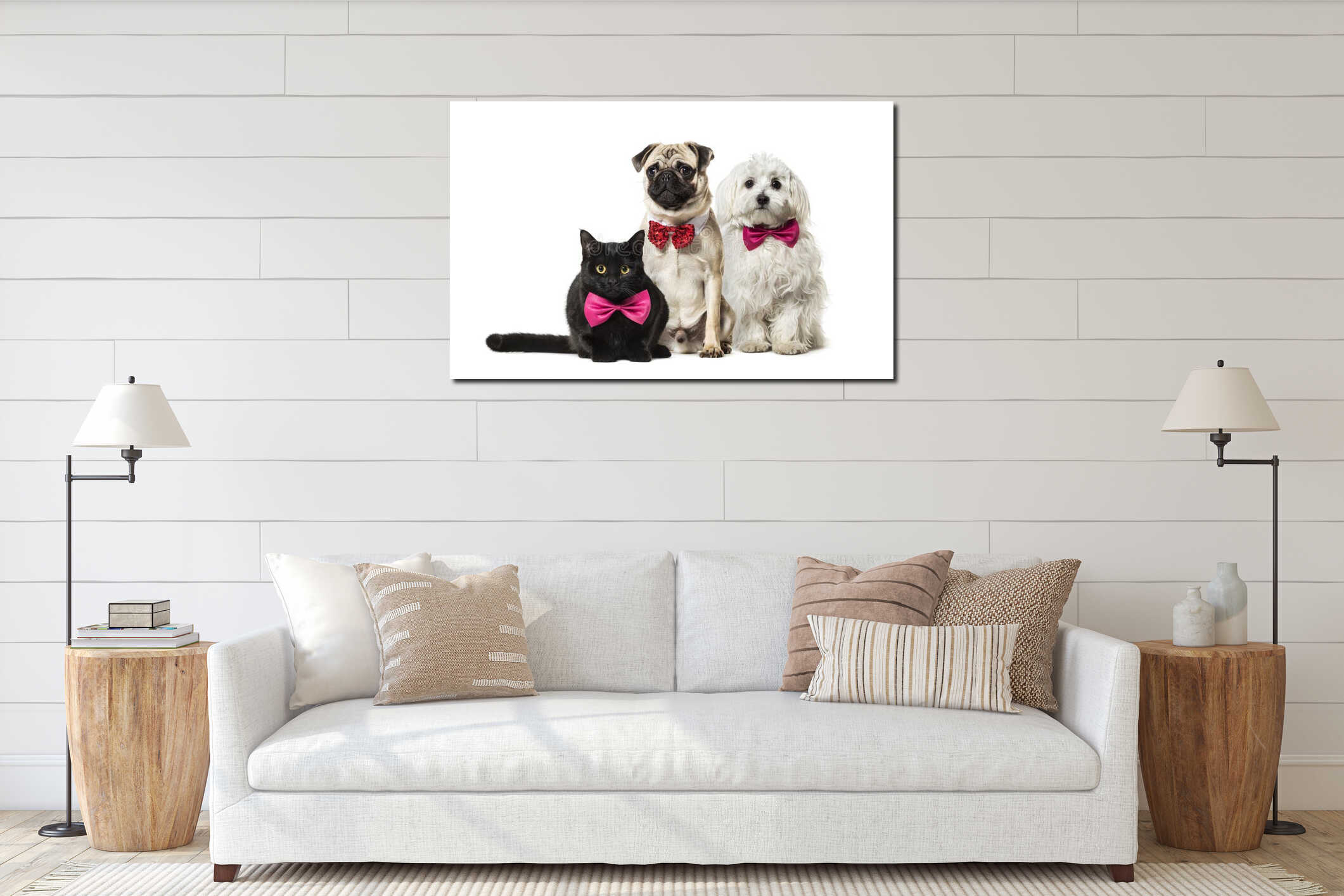 Mixed-breed cat, Pug in red bow tie sitting, Maltese dog interior mockup