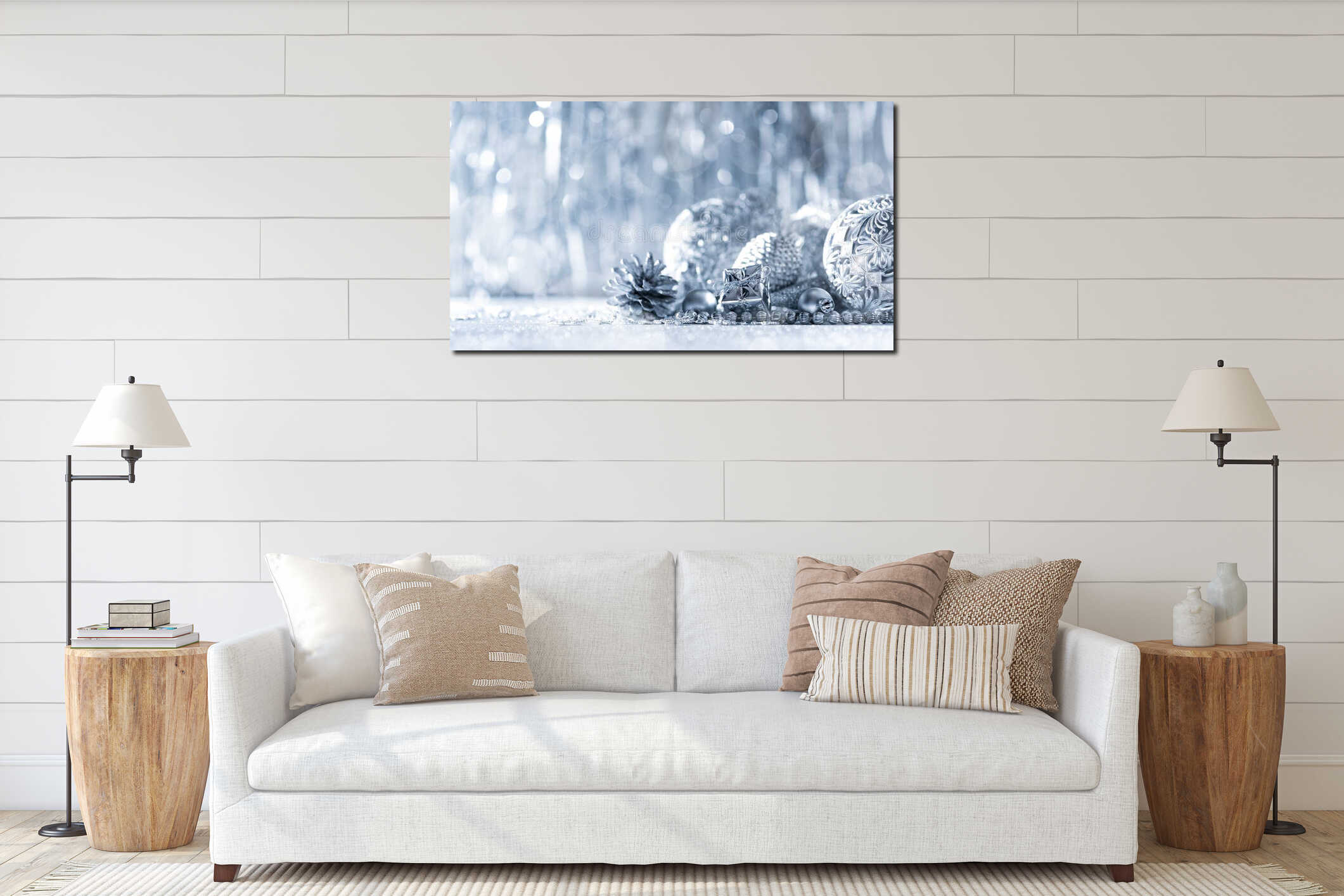 Shiny silver christmas present and beautiful ornaments, with defocused christmas lights in the background. interior mockup