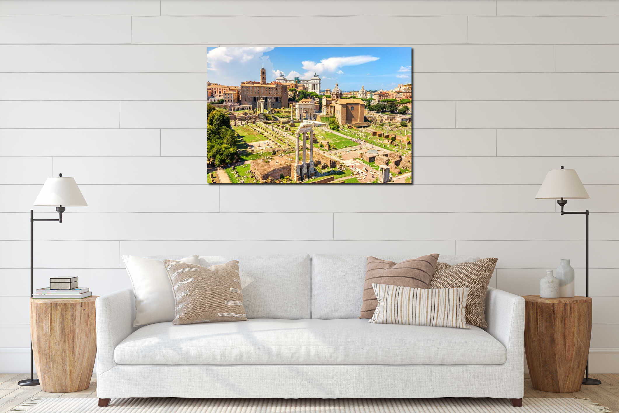Summer photo of the Roman Forum: the Temple of Castor and Pollux, the Arch of Septimius Severus, the Temple of Saturn, the Temple interior mockup