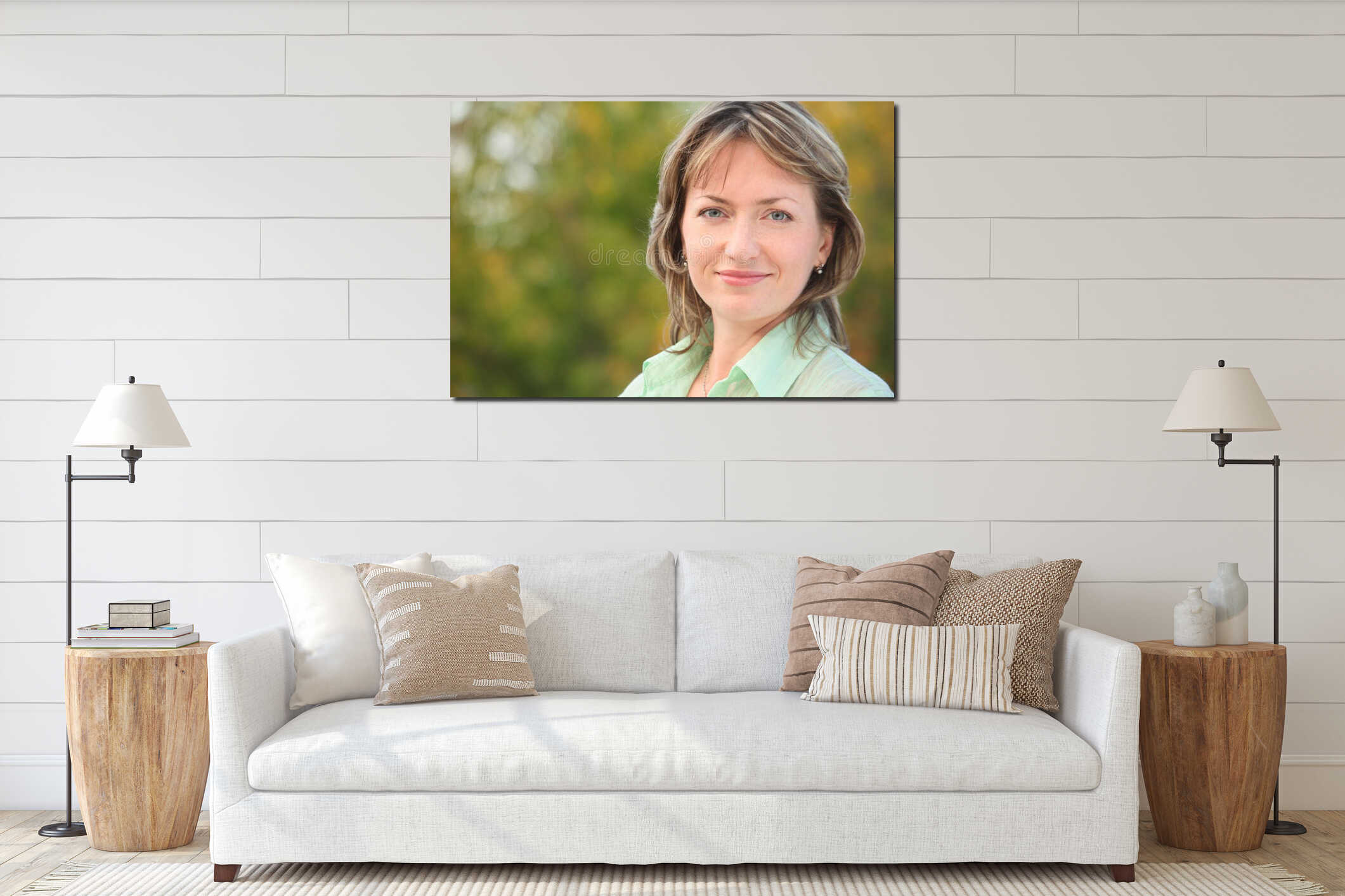 Portrait of smiling woman in early fall park interior mockup