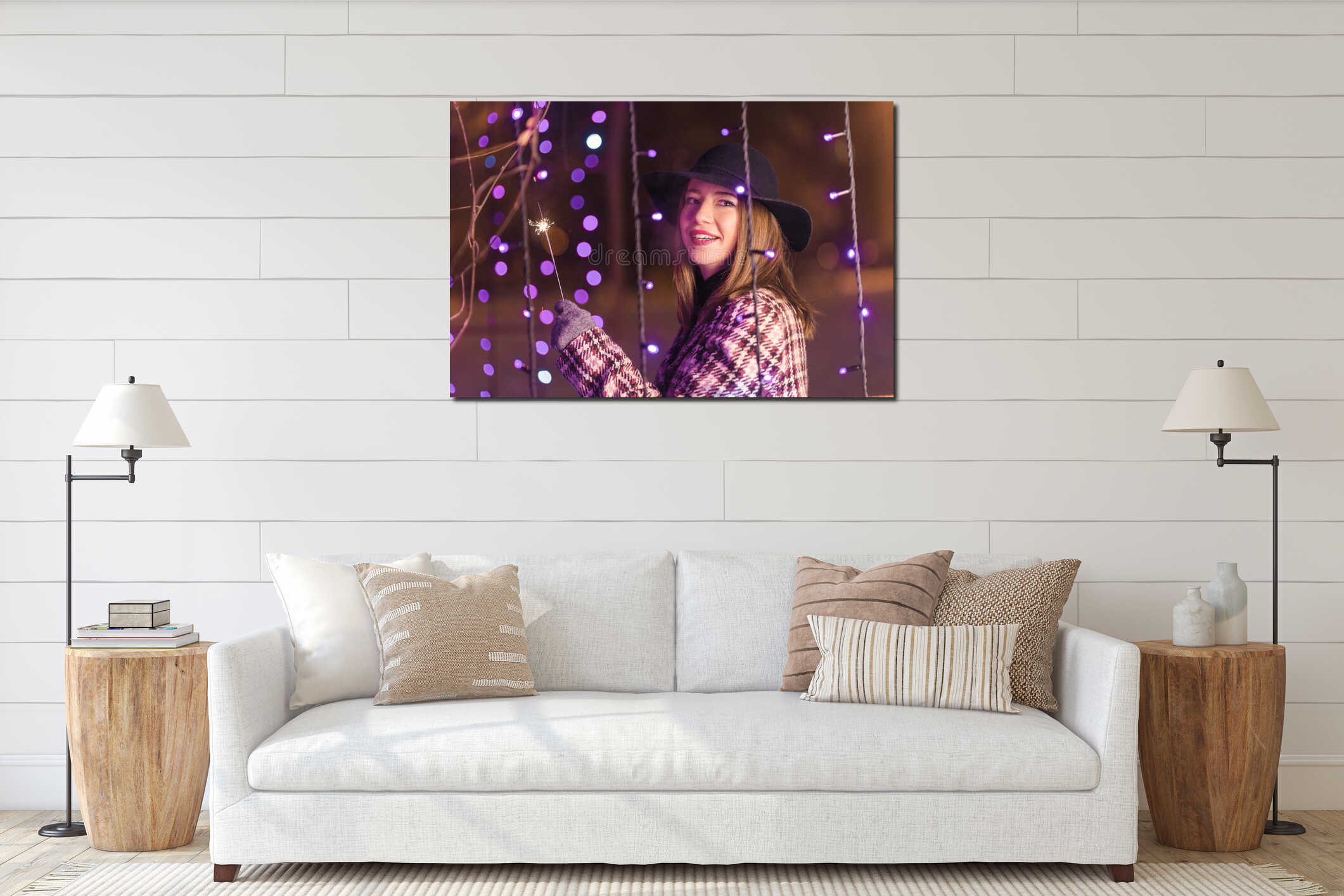 Young girl holding sparklers for christmas during winter alone i interior mockup