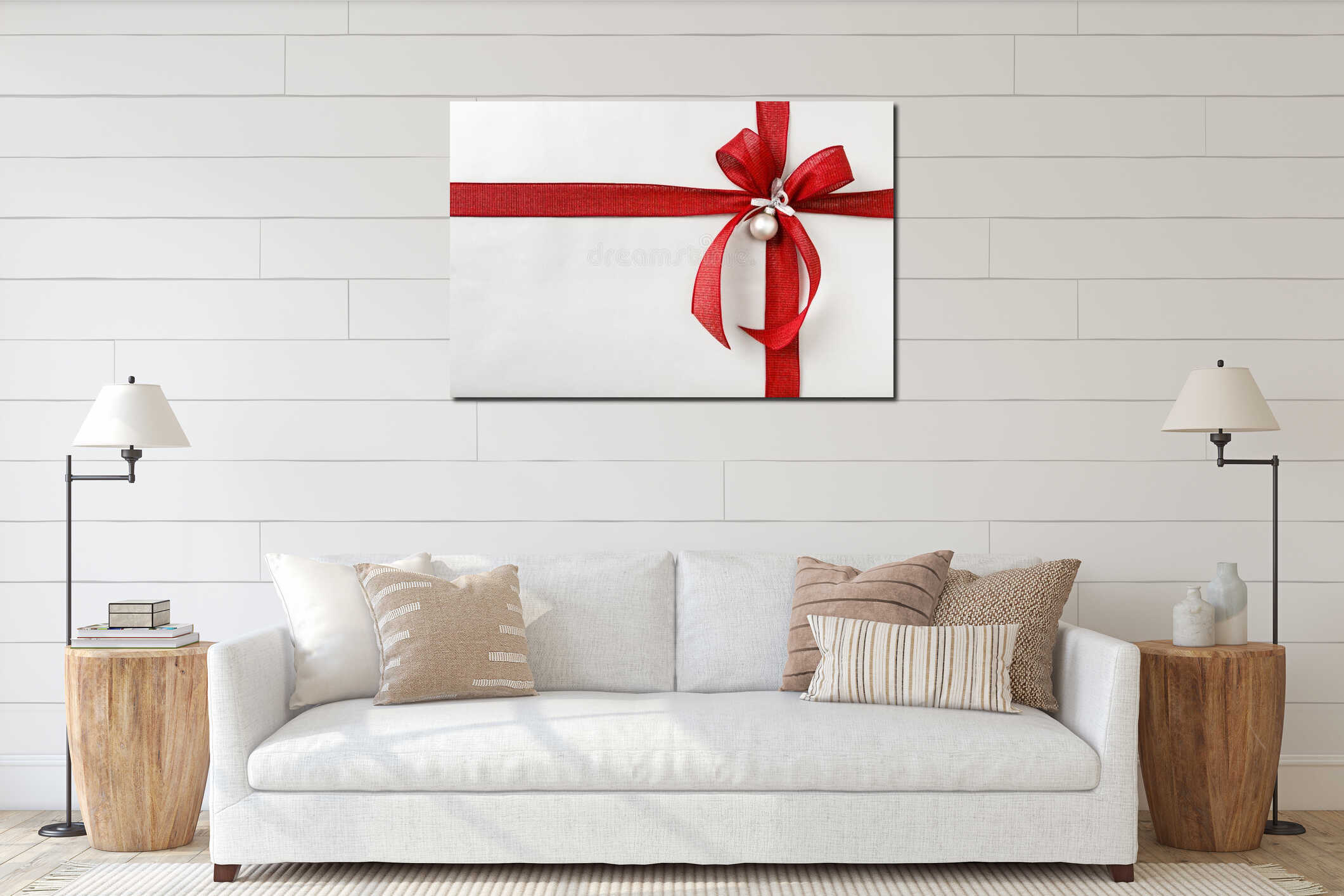 Beautiful Christmas gift present with bright red bow and silver wrapping paper background border interior mockup