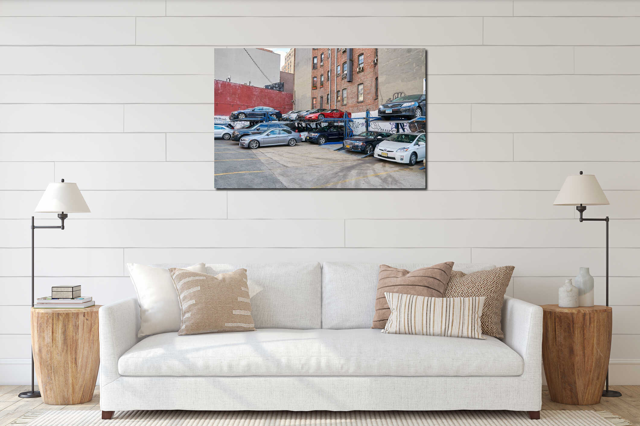 NEW YORK CITY, MANHATTAN, OCT,25, 2013: View on NYC special vertical cars parking area double deck metal construction. Elevator eq interior mockup