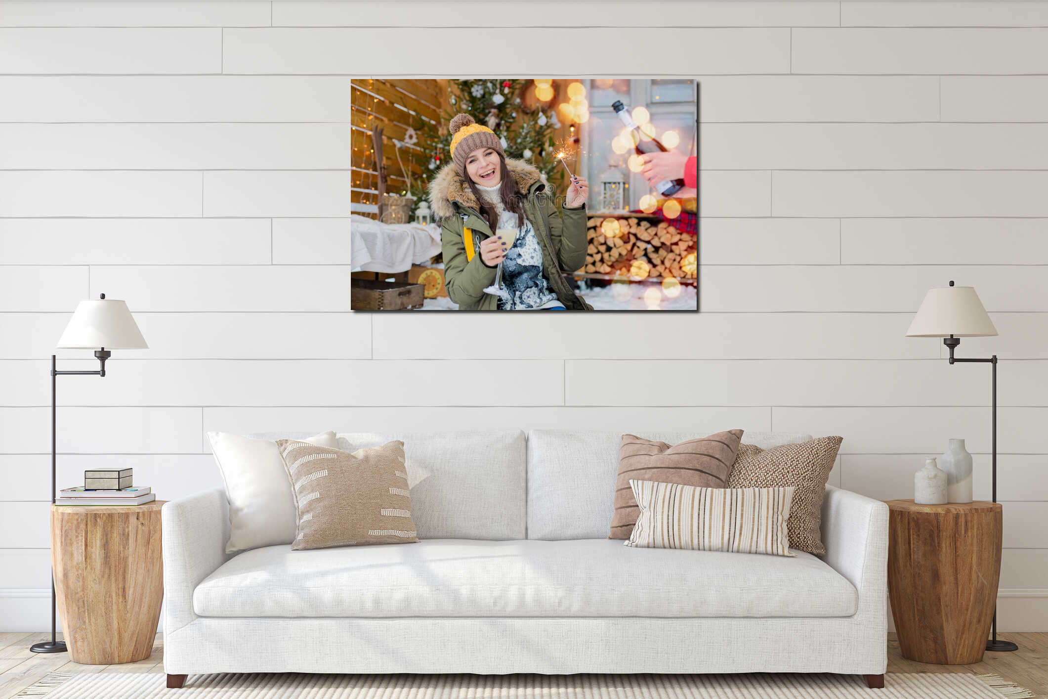 Cheerful girl in a hat and a down jacket with sparklers with a glass of champagne in her hand celebrates Christmas. interior mockup