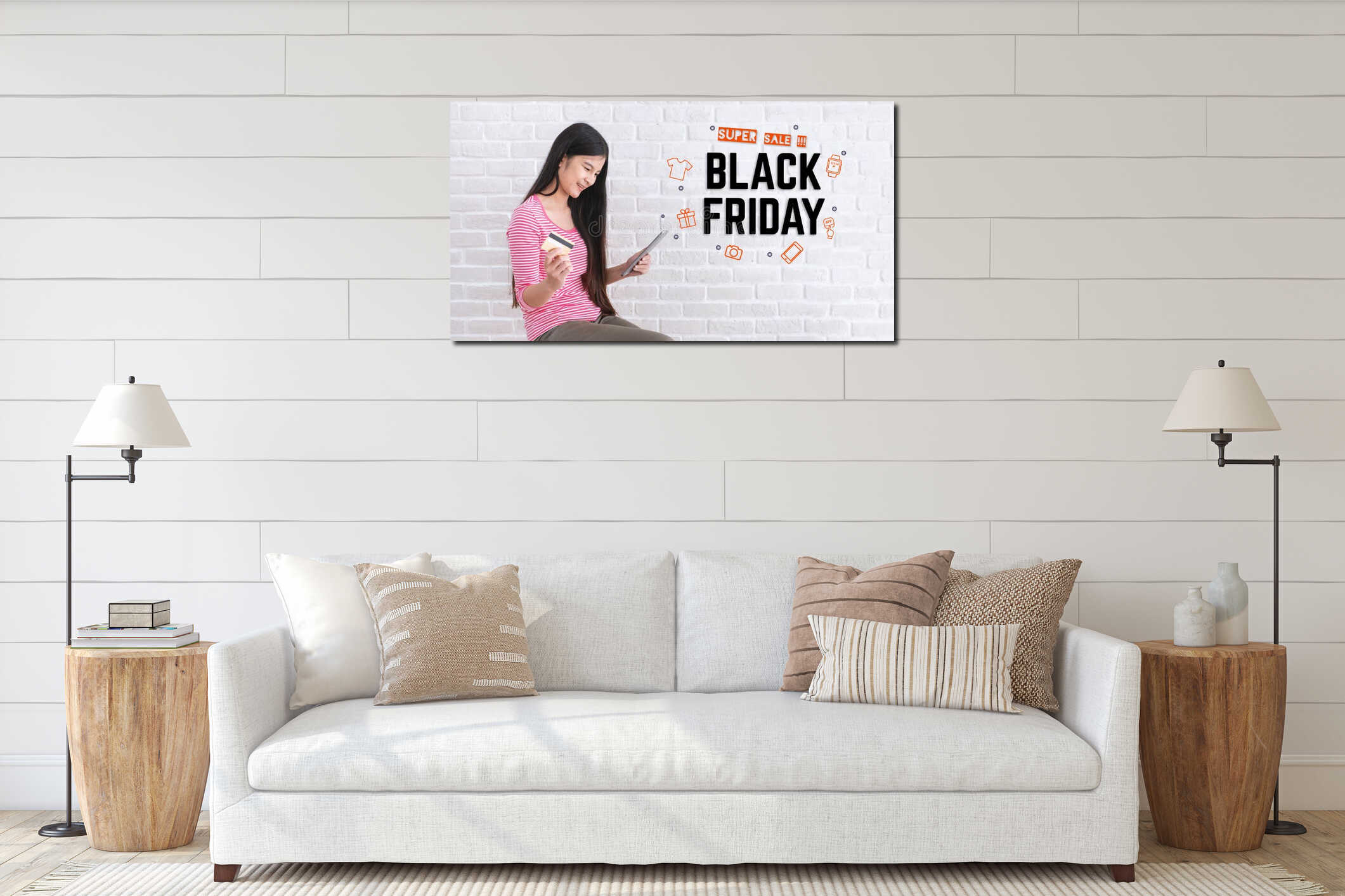 Asian woman in casual cloth holding credit card and using to online shopping in black friday sale with tablet at white brick wall interior mockup