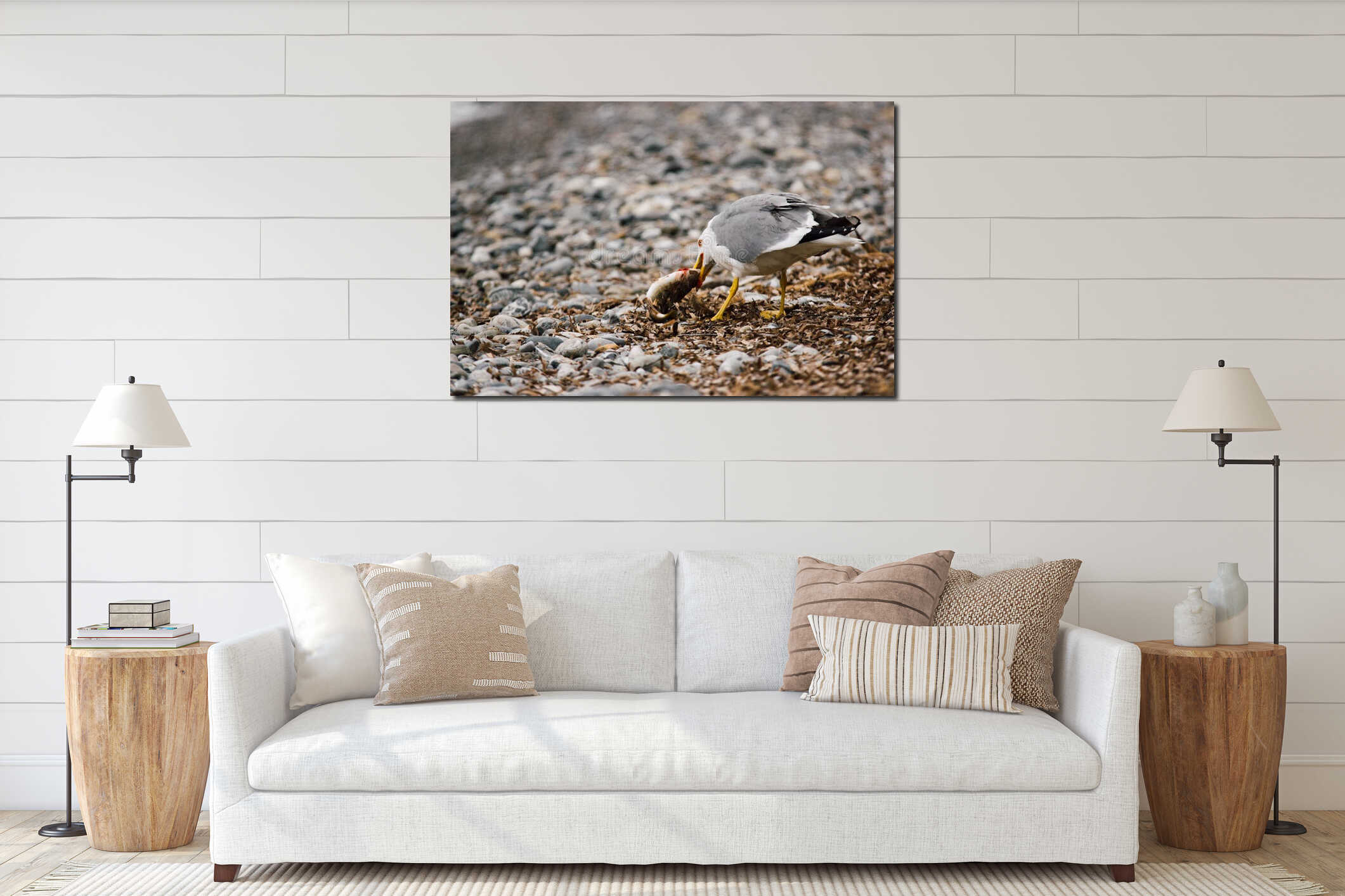 Ocean bird catching fish interior mockup