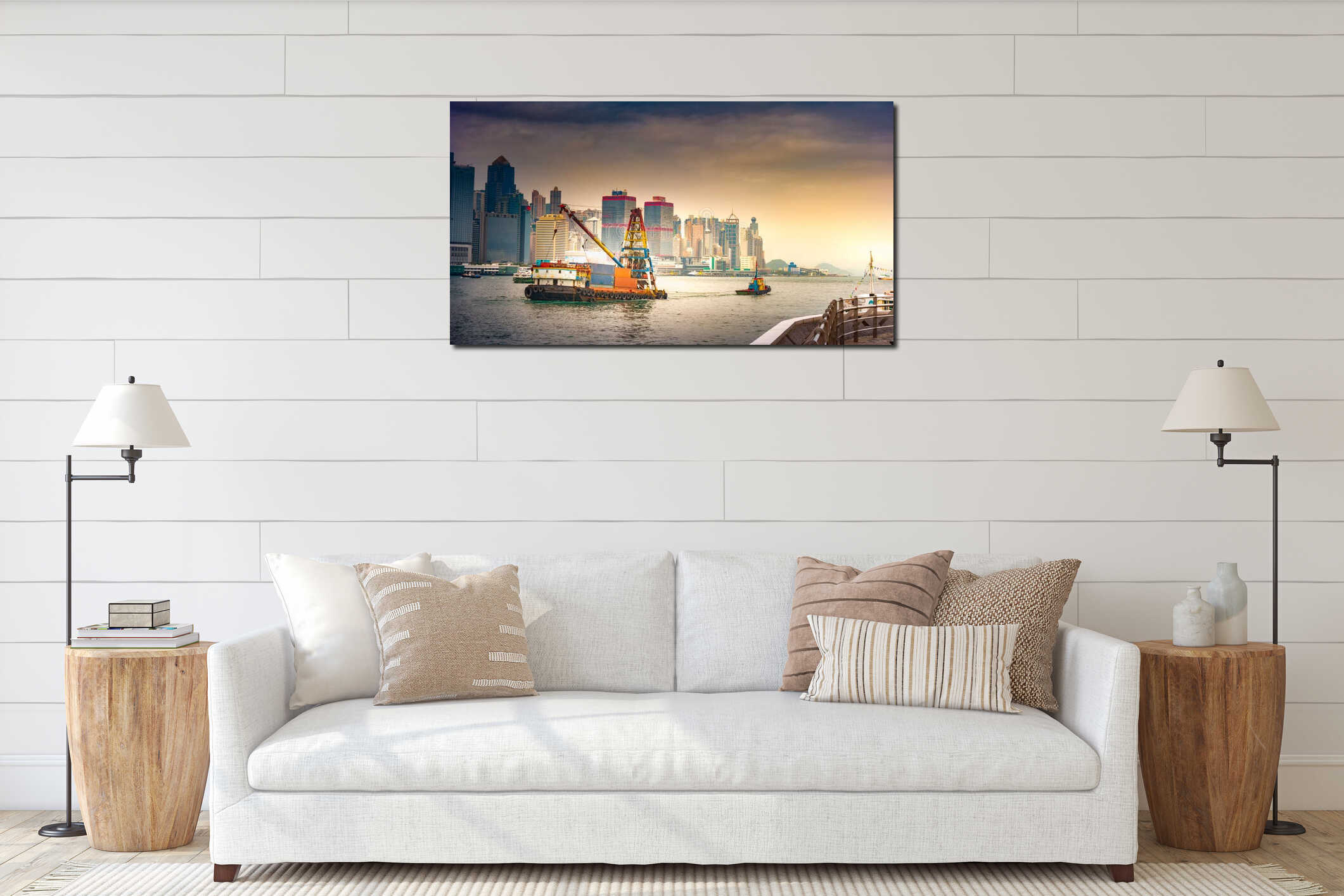 Container vessel and a small tug boat - mooring operations in Hong Kong interior mockup