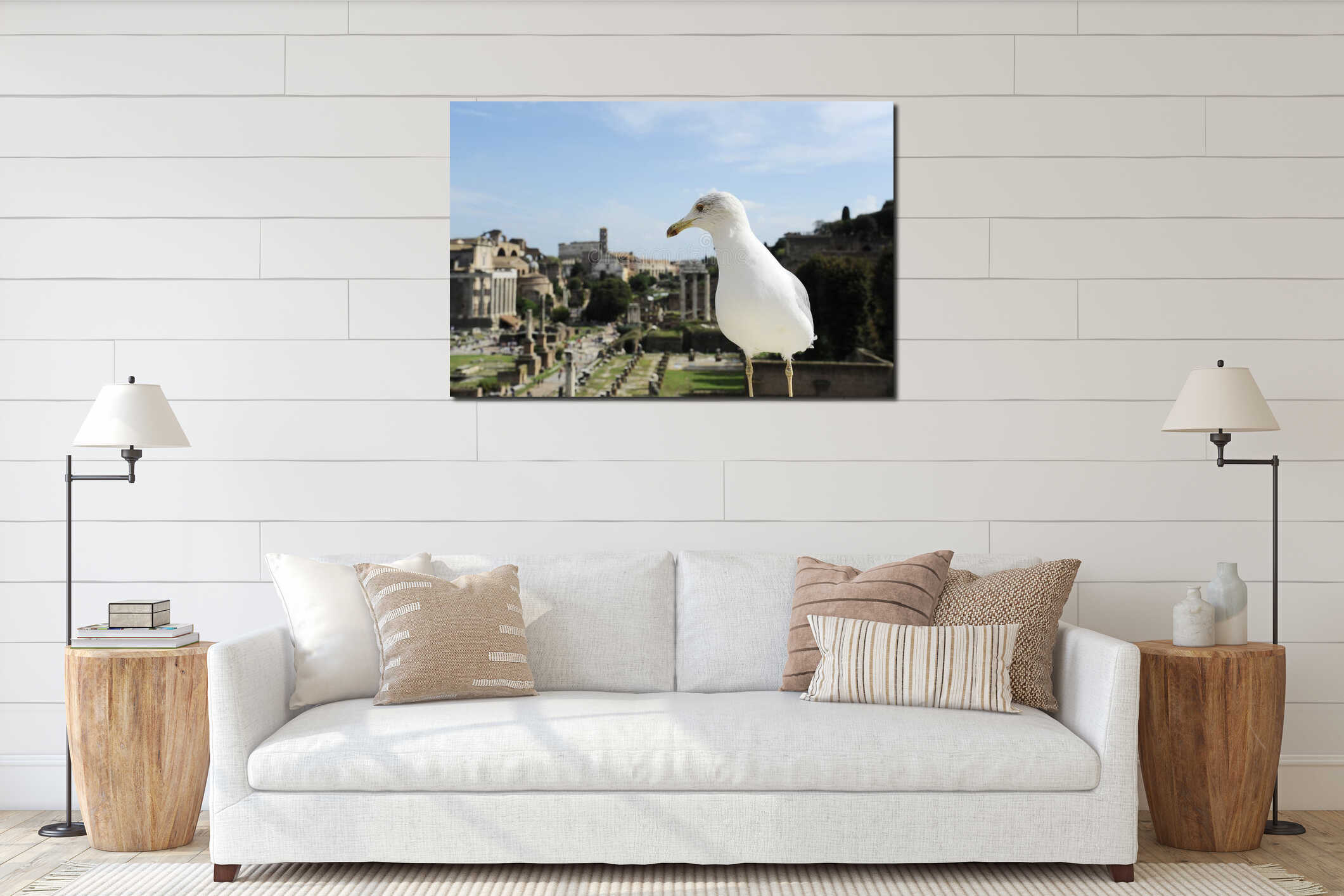 Friendly seagull against the backdrop of the Roman Forum in Rome, Italy. Roman Forum is one of the main travel attractions of Rome interior mockup