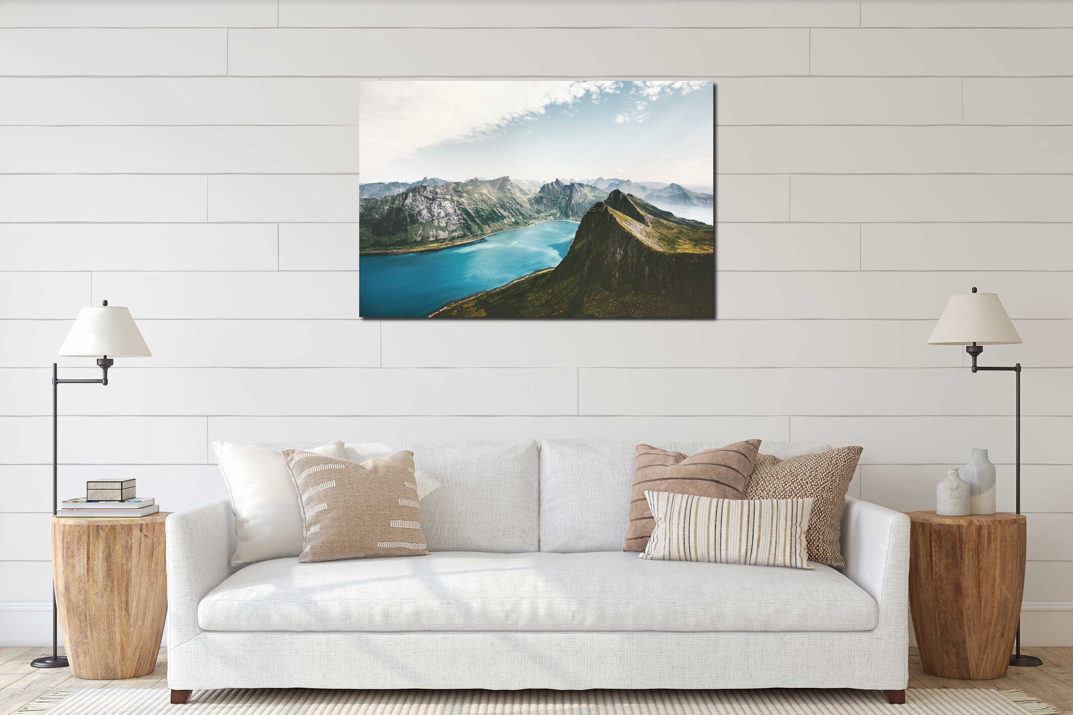 Norway landscape mountains and fjord aerial view interior mockup