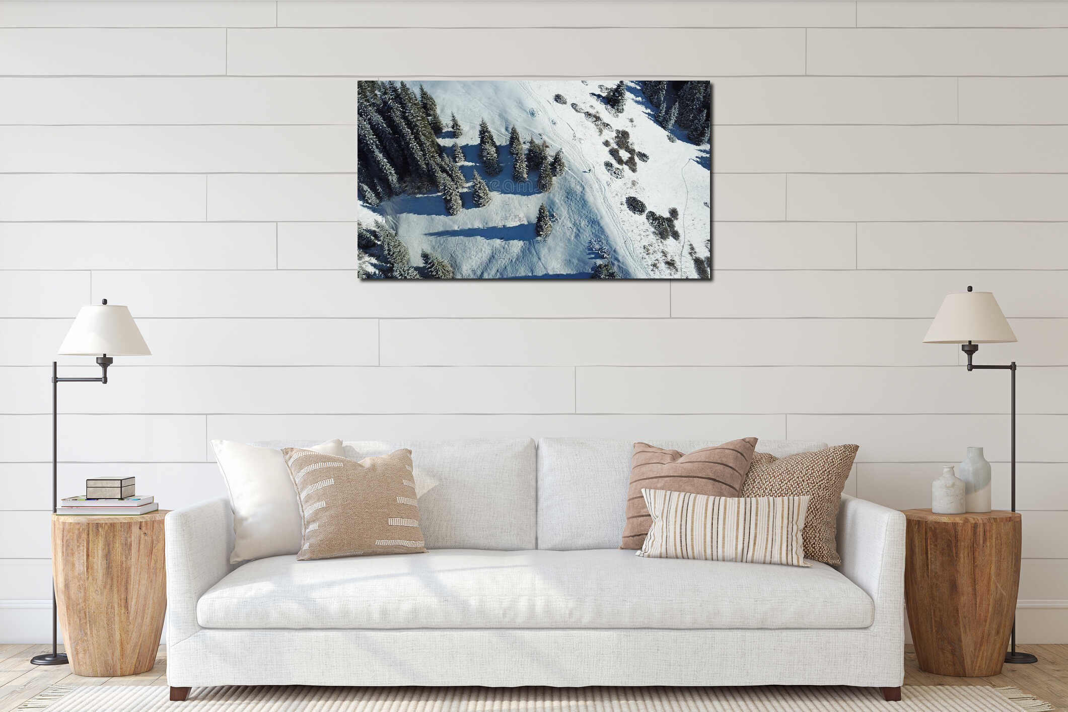 The view from the drone. Man walking on a snowy ridge in the mountains. interior mockup