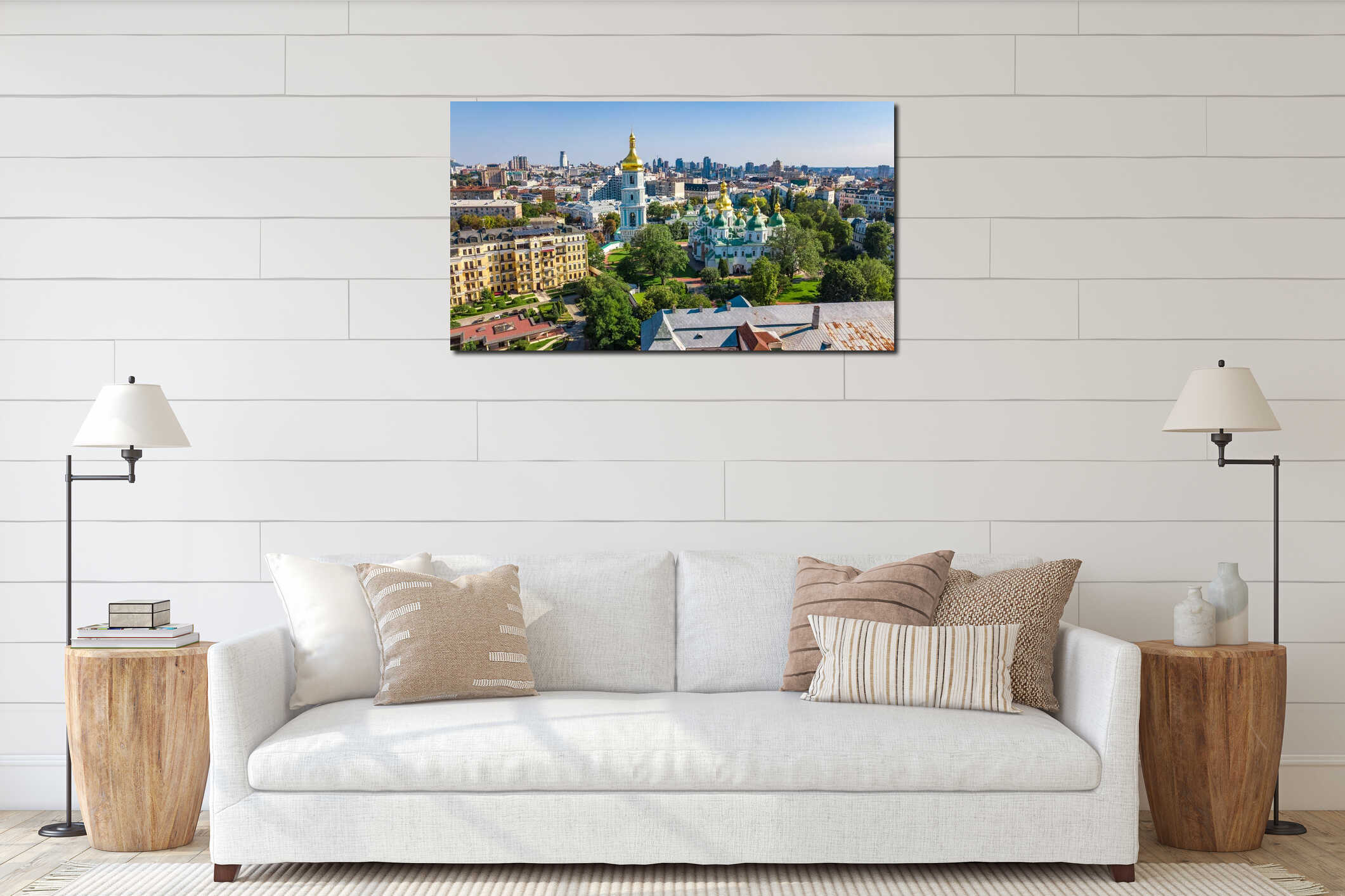 Aerial drone view of St Sophia cathedral and Kiev city skyline from above, Kyiv cityscape, Ukraine interior mockup