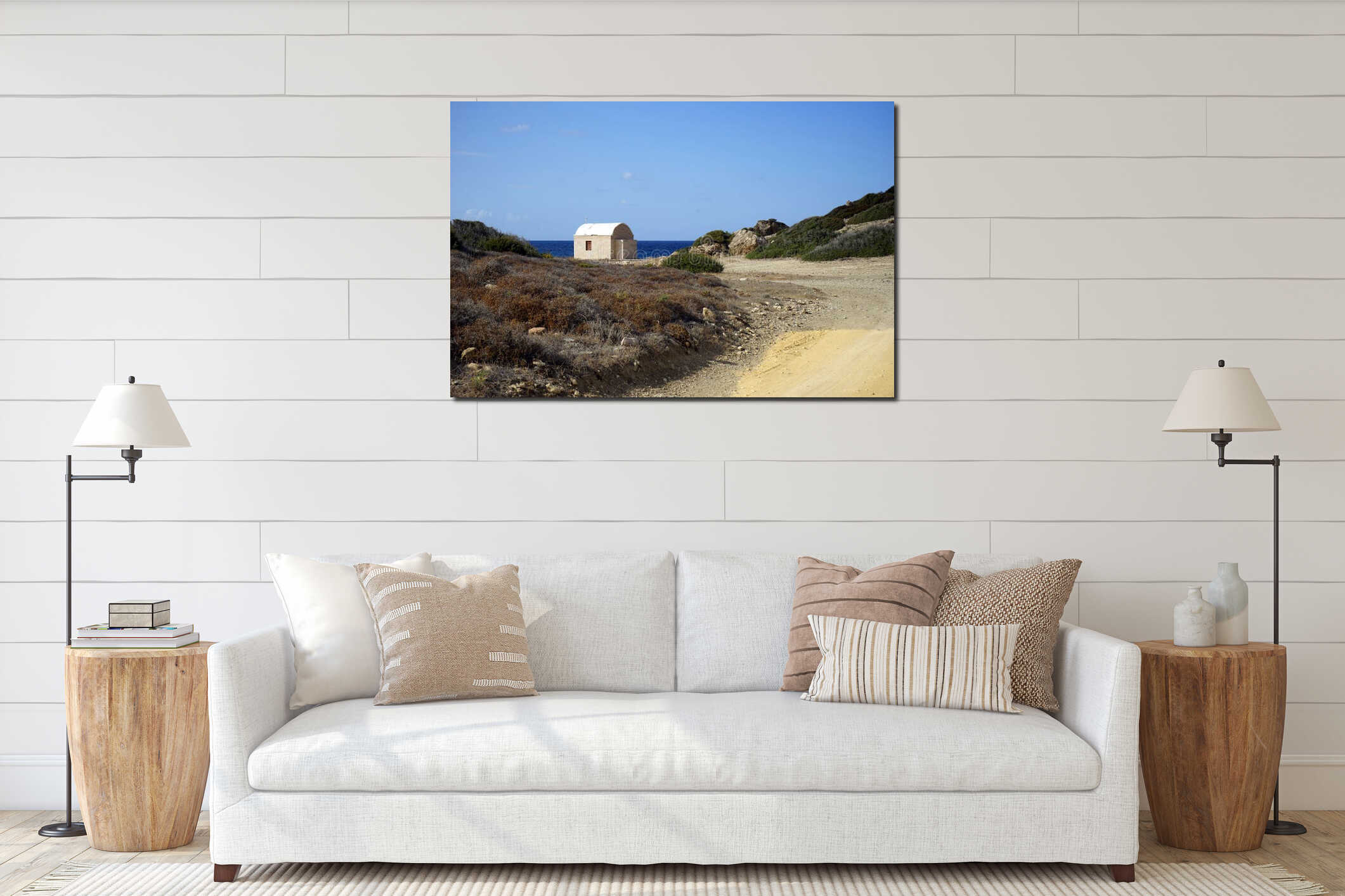 Small greek church on the coast interior mockup
