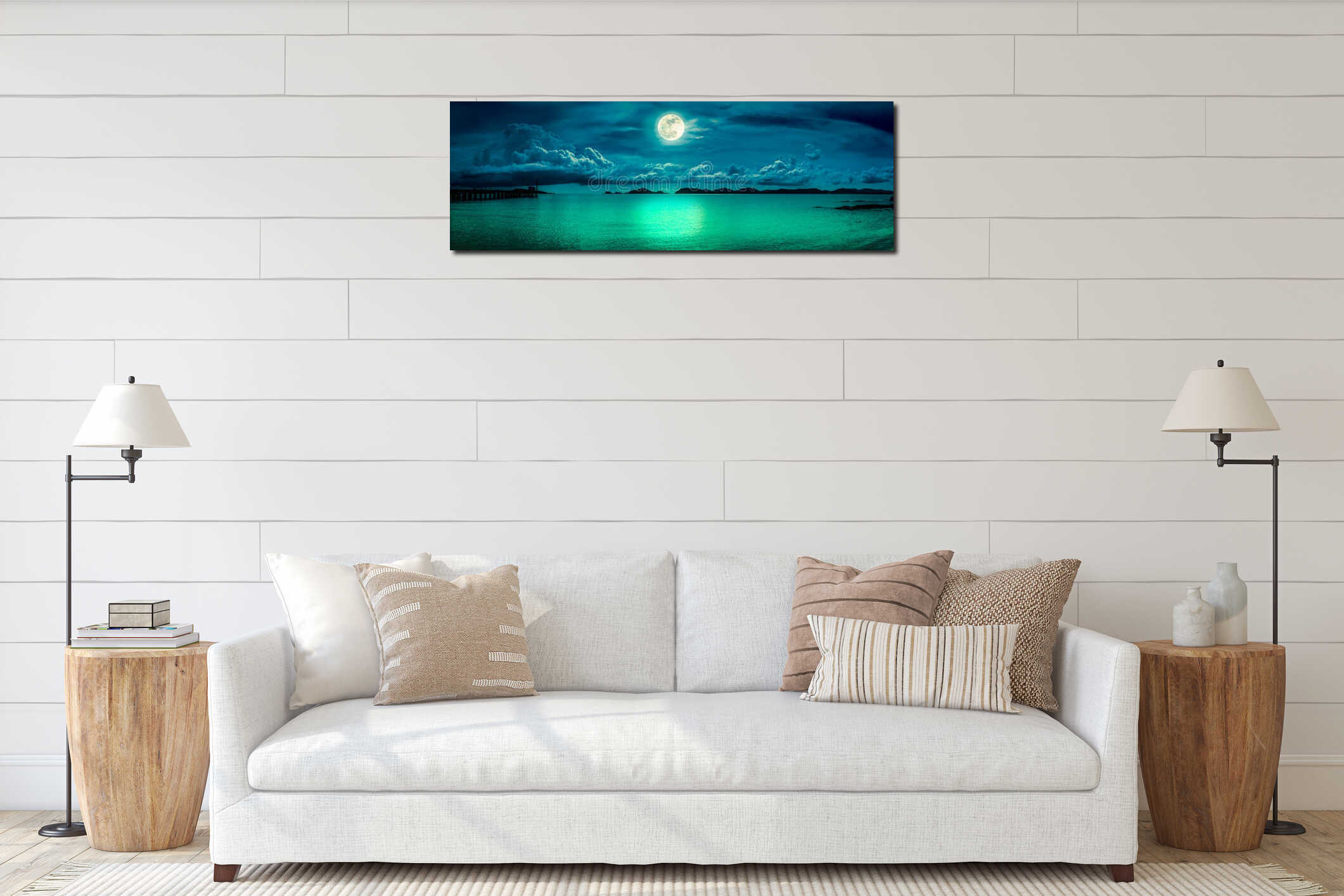 Panorama view of the sea. Colorful sky with cloud and bright full moon on seascape to night. Serenity nature background, outdoor interior mockup