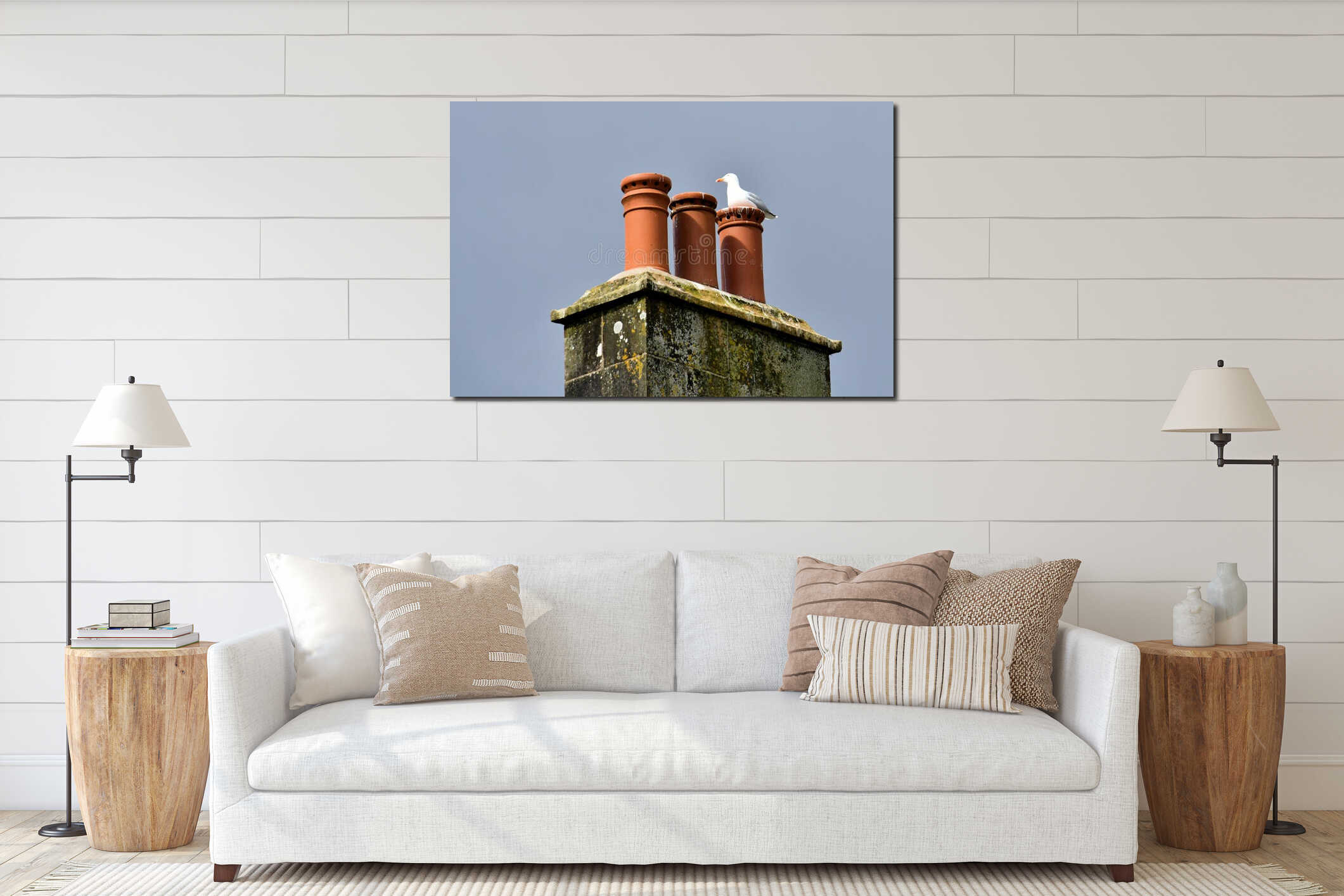 Seagull sitting on the top of a house interior mockup