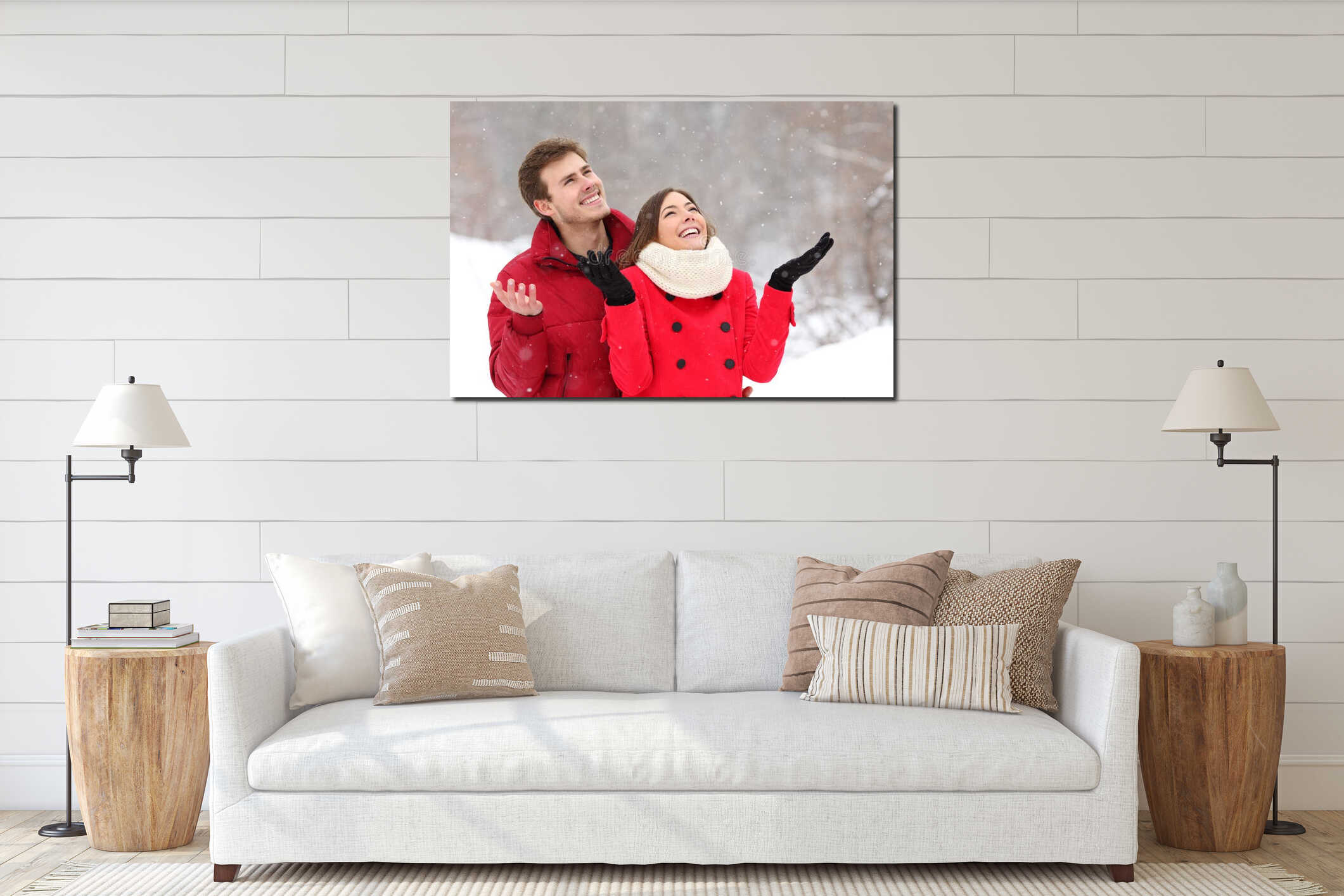 Happy couple enjoying snow in winter holiday interior mockup