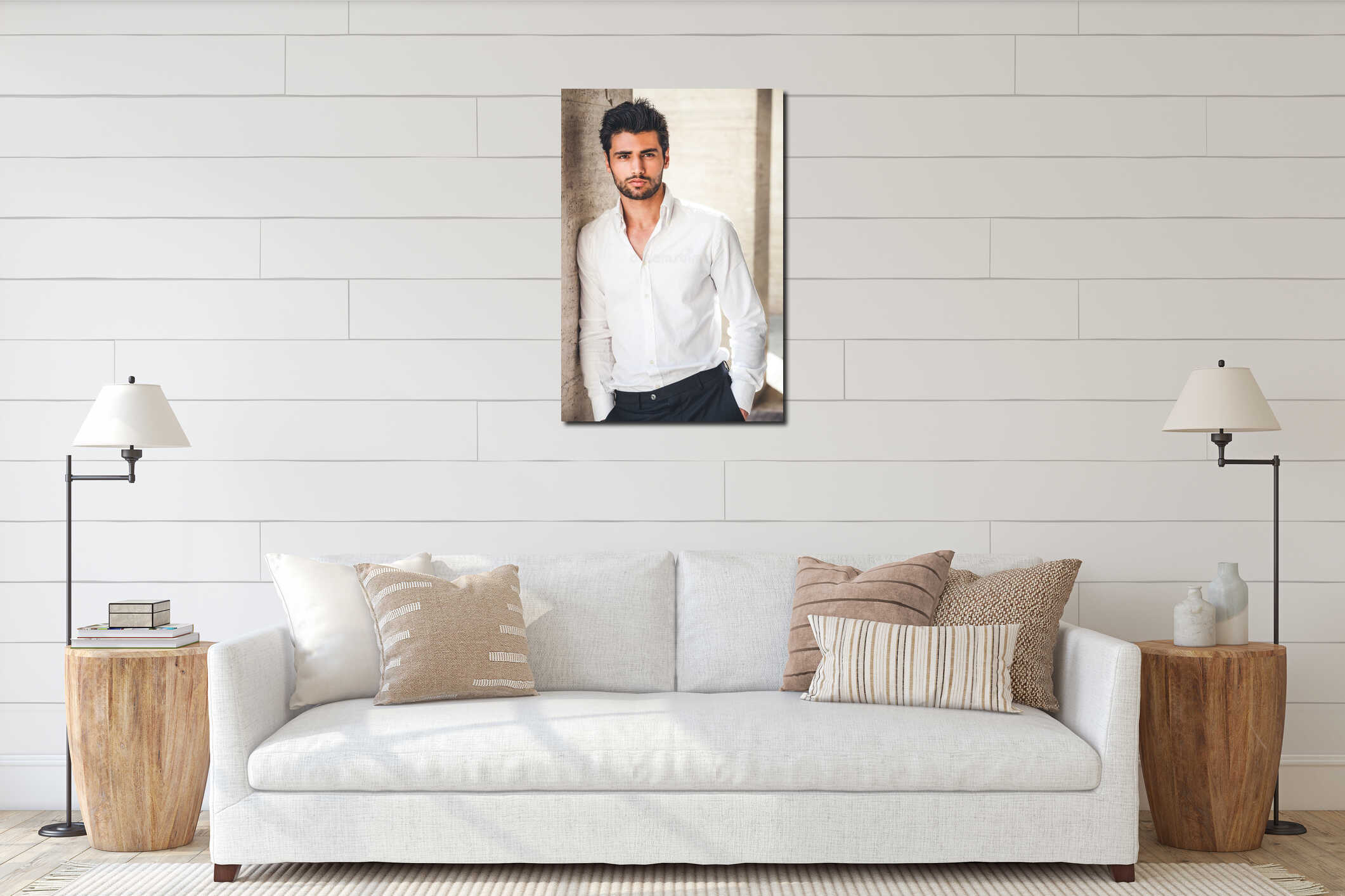 Portrait of young handsome man in white shirt outdoor. interior mockup