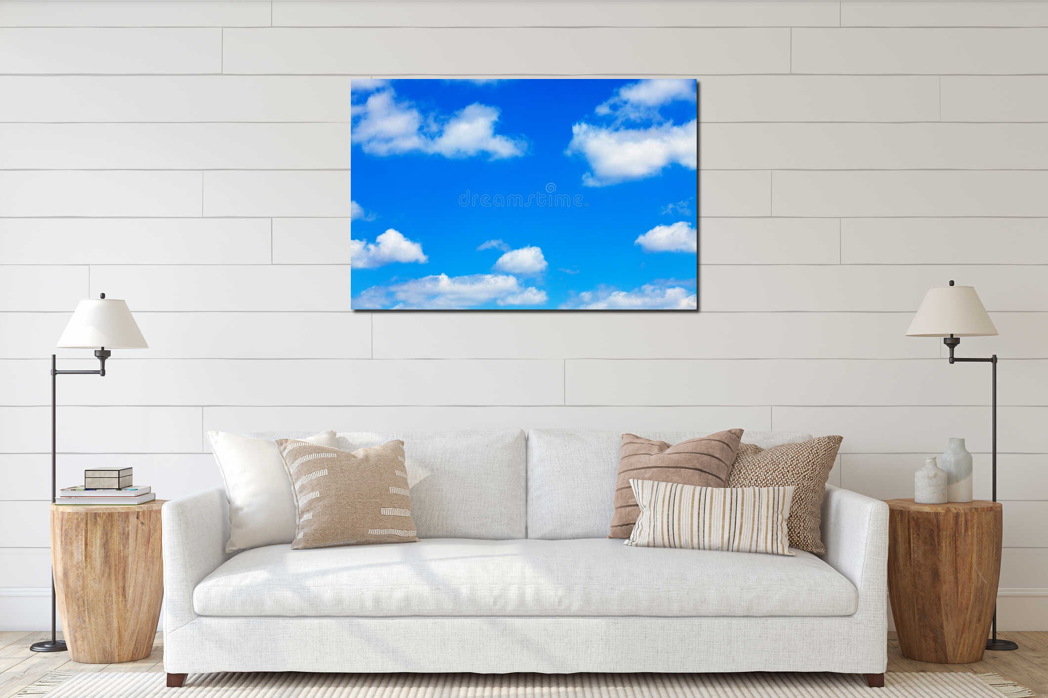 Blue sky with white fluffy clouds interior mockup