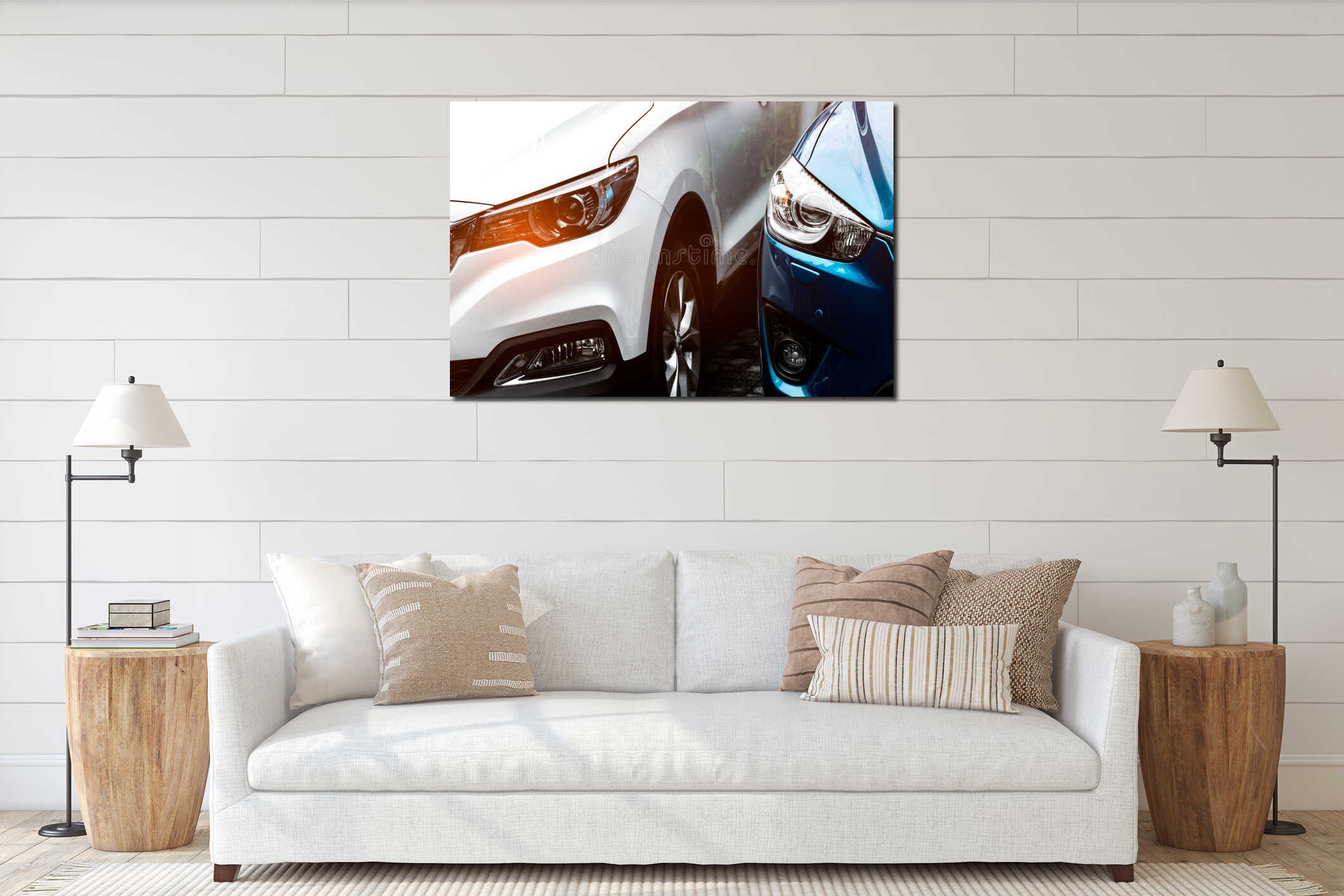 Close up headlamp light of blue and white SUV car parked on concrete parking lot of the hotel or shopping mall. Automotive interior mockup