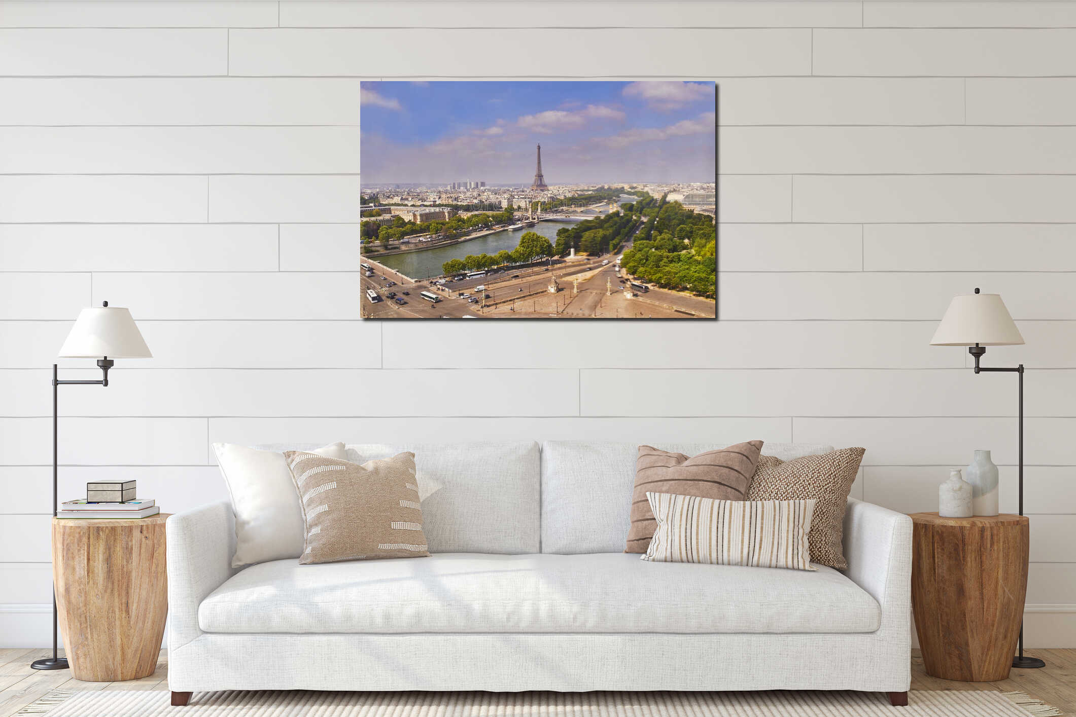 Aerial scenic view of the Eiffel tower, river Seine and Place de la Concorde interior mockup