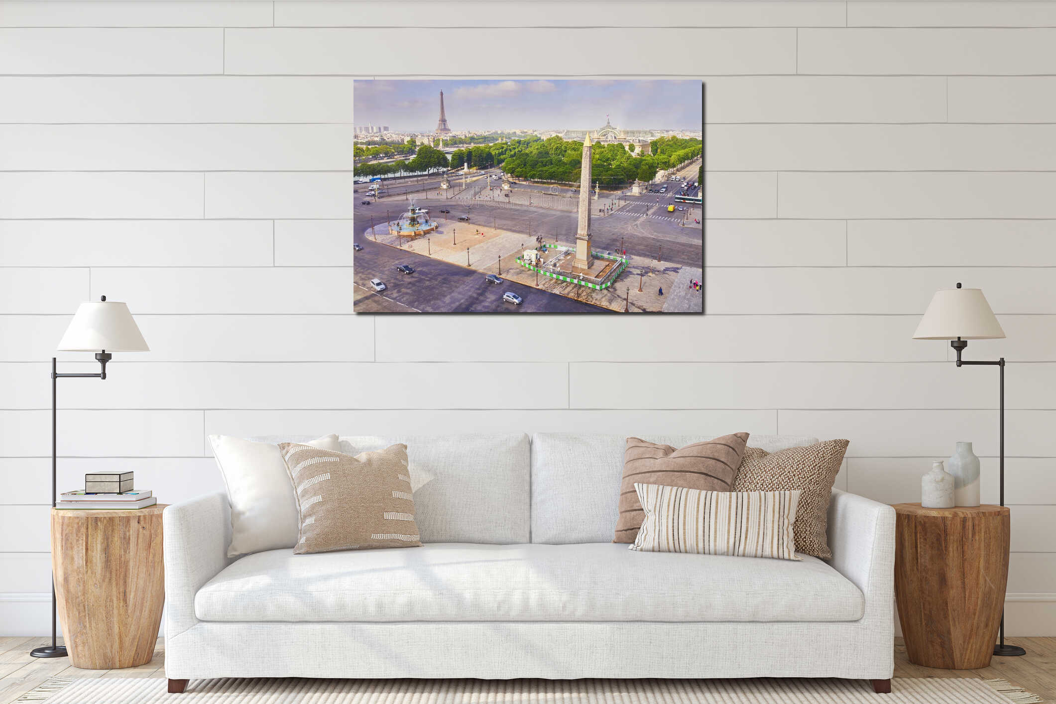 Aerial scenic view of the Eiffel tower, river Seine and Place de la Concorde interior mockup