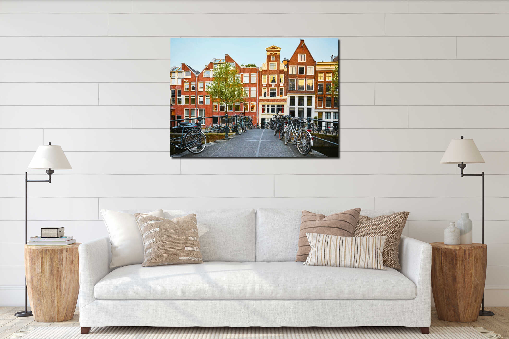 Amsterdam, Netherlands. Bridge with bicycles and houses interior mockup
