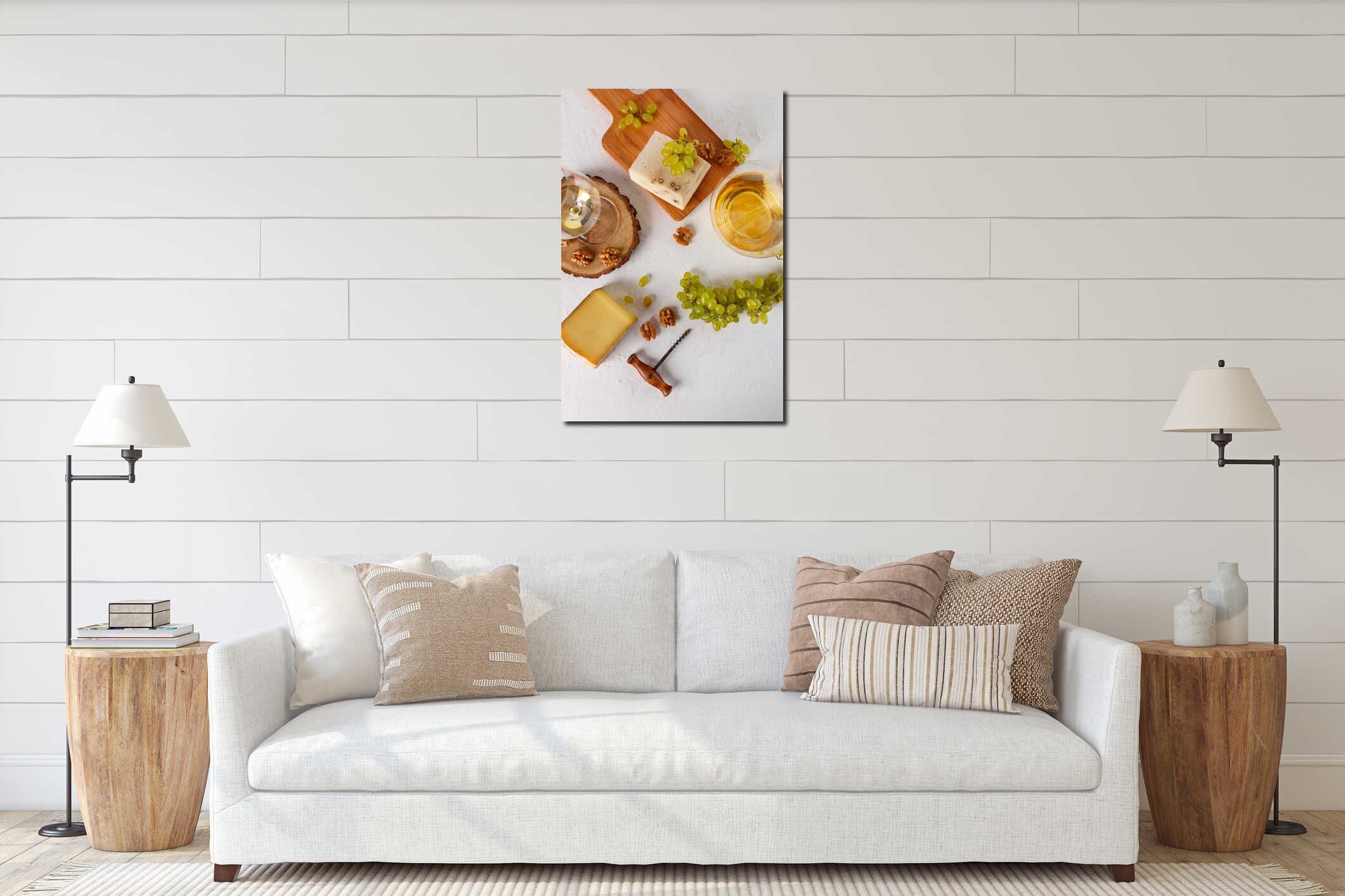 Wine, grapes, cheese and nuts. Top view interior mockup