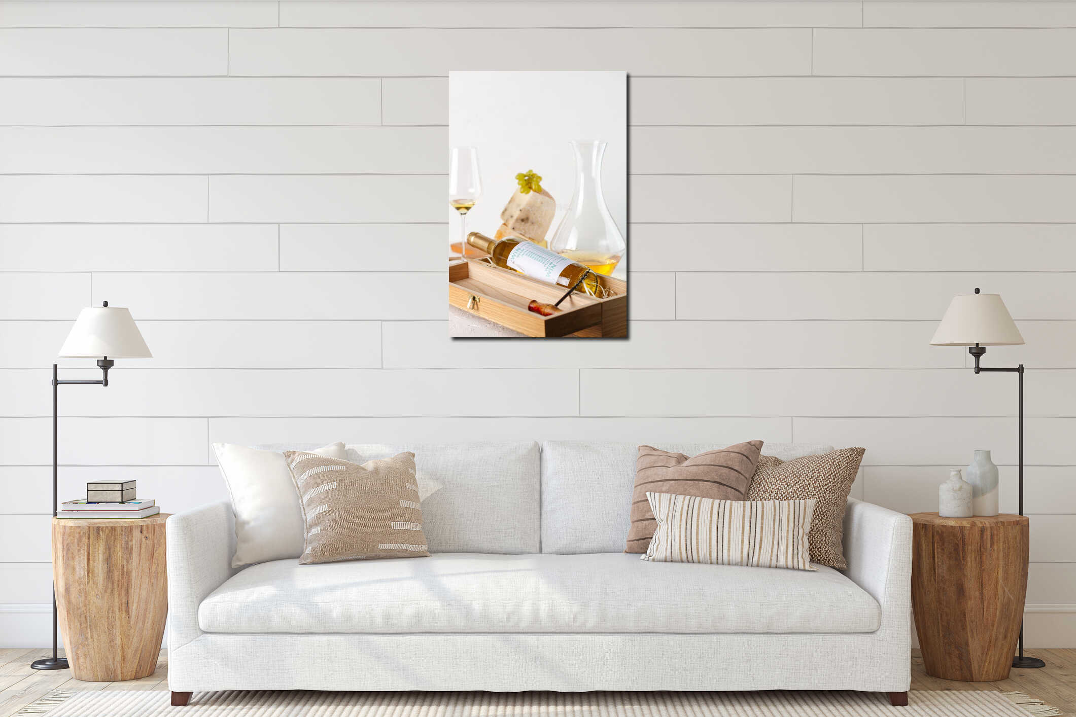 Wine, grapes, cheese and nuts. White wine interior mockup