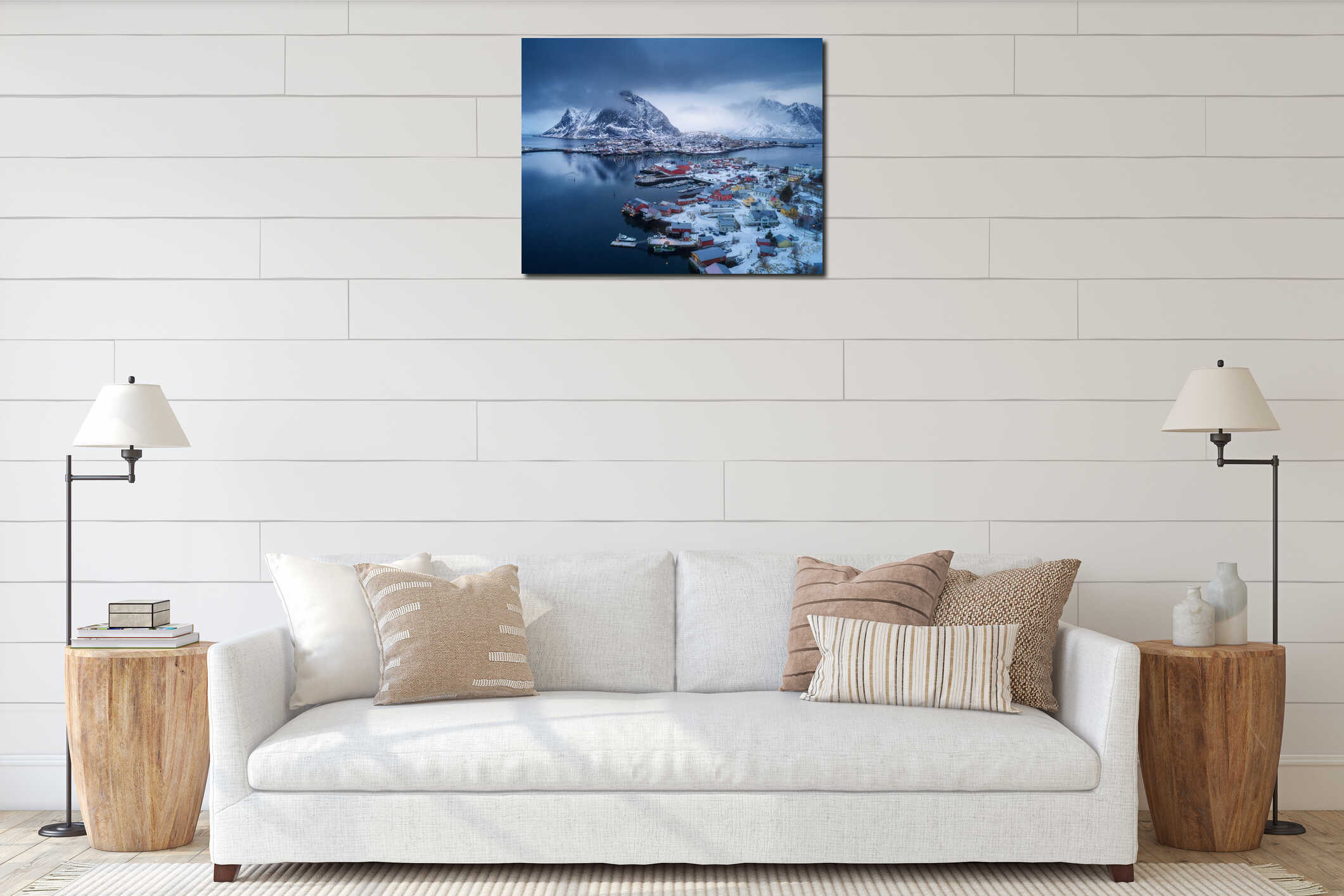 Aerial view of Reine in overcast day in winter in Lofoten, Norway interior mockup