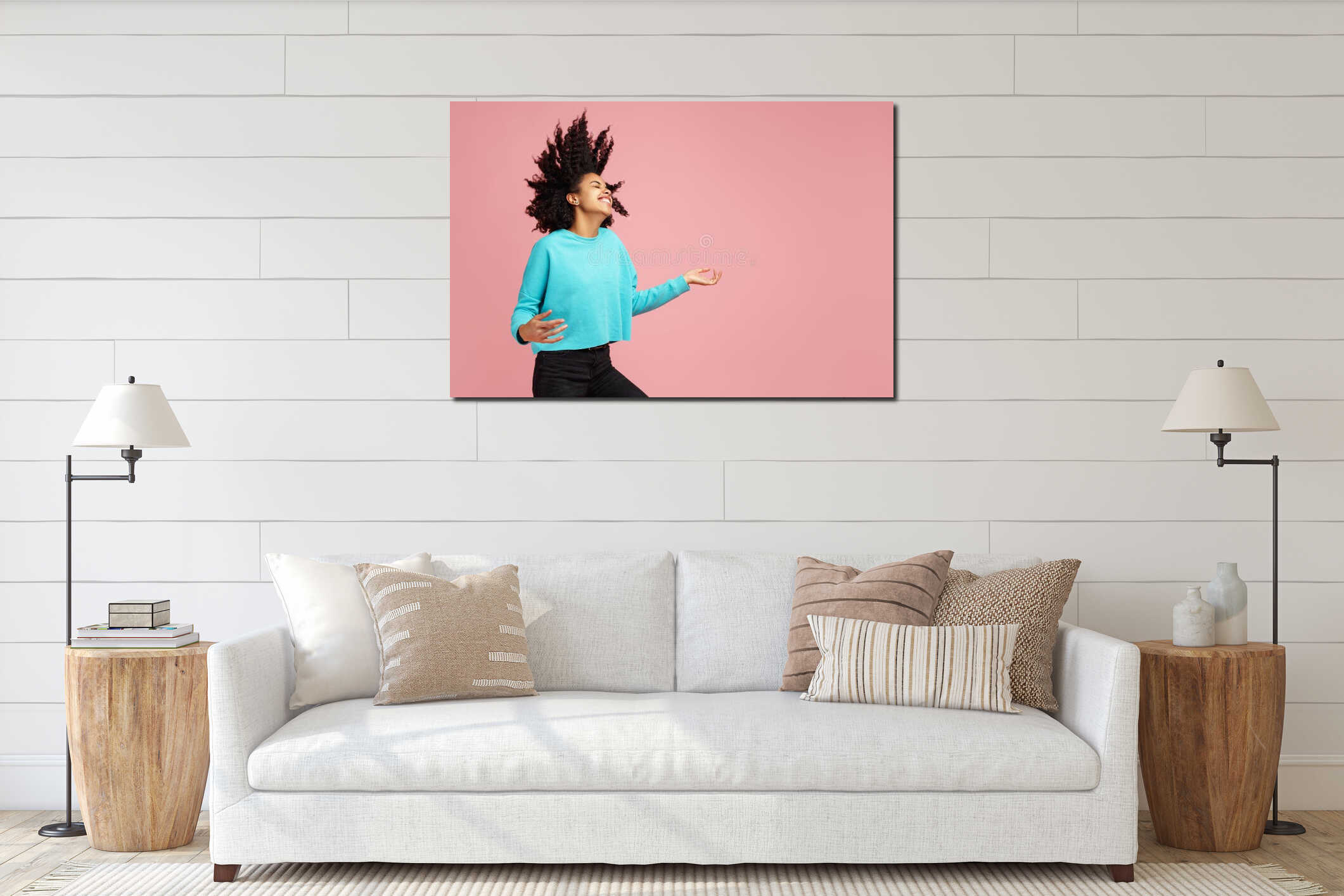 Portrait of excited african american young woman with bright smile dressed in casual clothes dance with invisible guitar interior mockup
