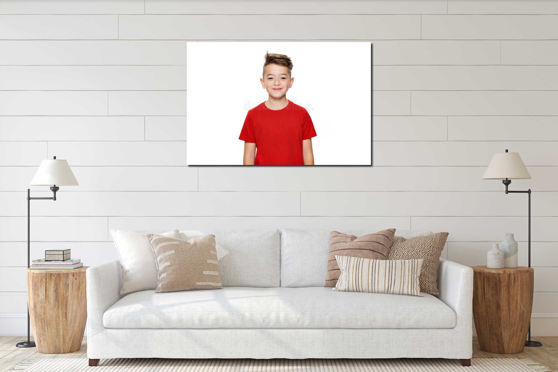 Adorable young teenage boy waist up studio portrait isolated over white background. Handsome boy looking at camera with smile. interior mockup