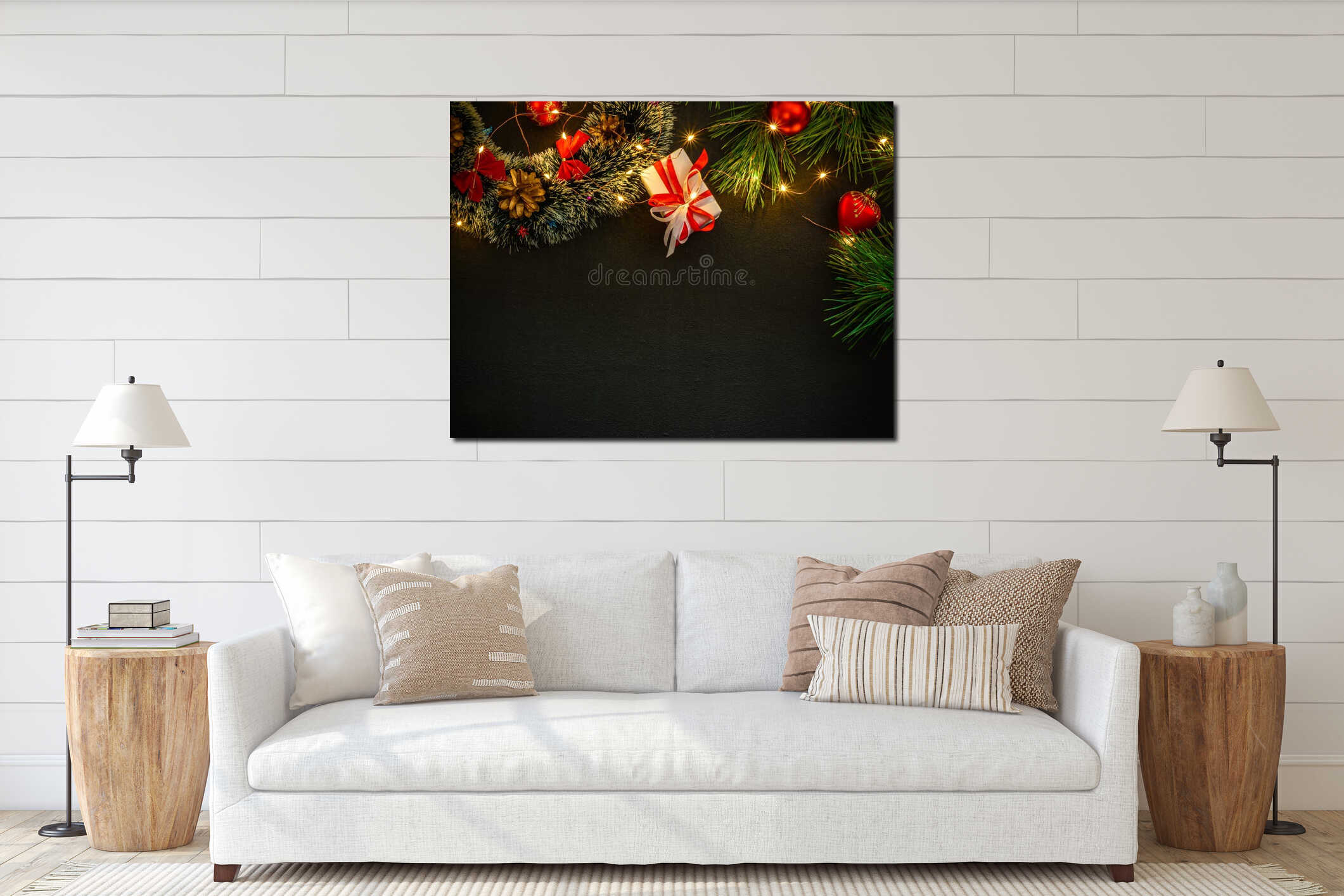 Dark magic background card for Christmas or New Year. Bright blurry lights of a garland. interior mockup