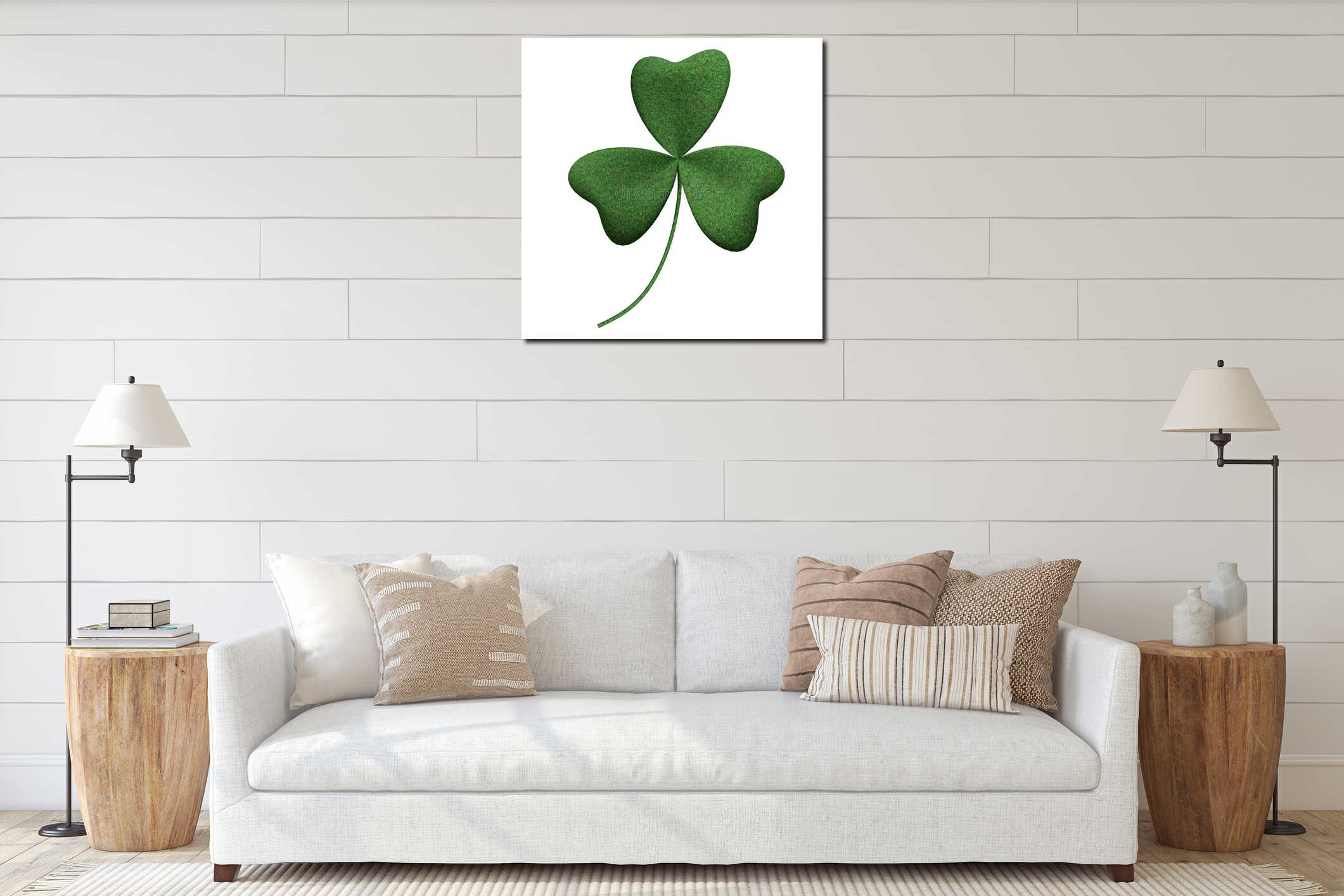 Green shamrock on isolated white background. Object and Nature concept. Saint Patrick day theme. 3D illustration. Clipping path us interior mockup