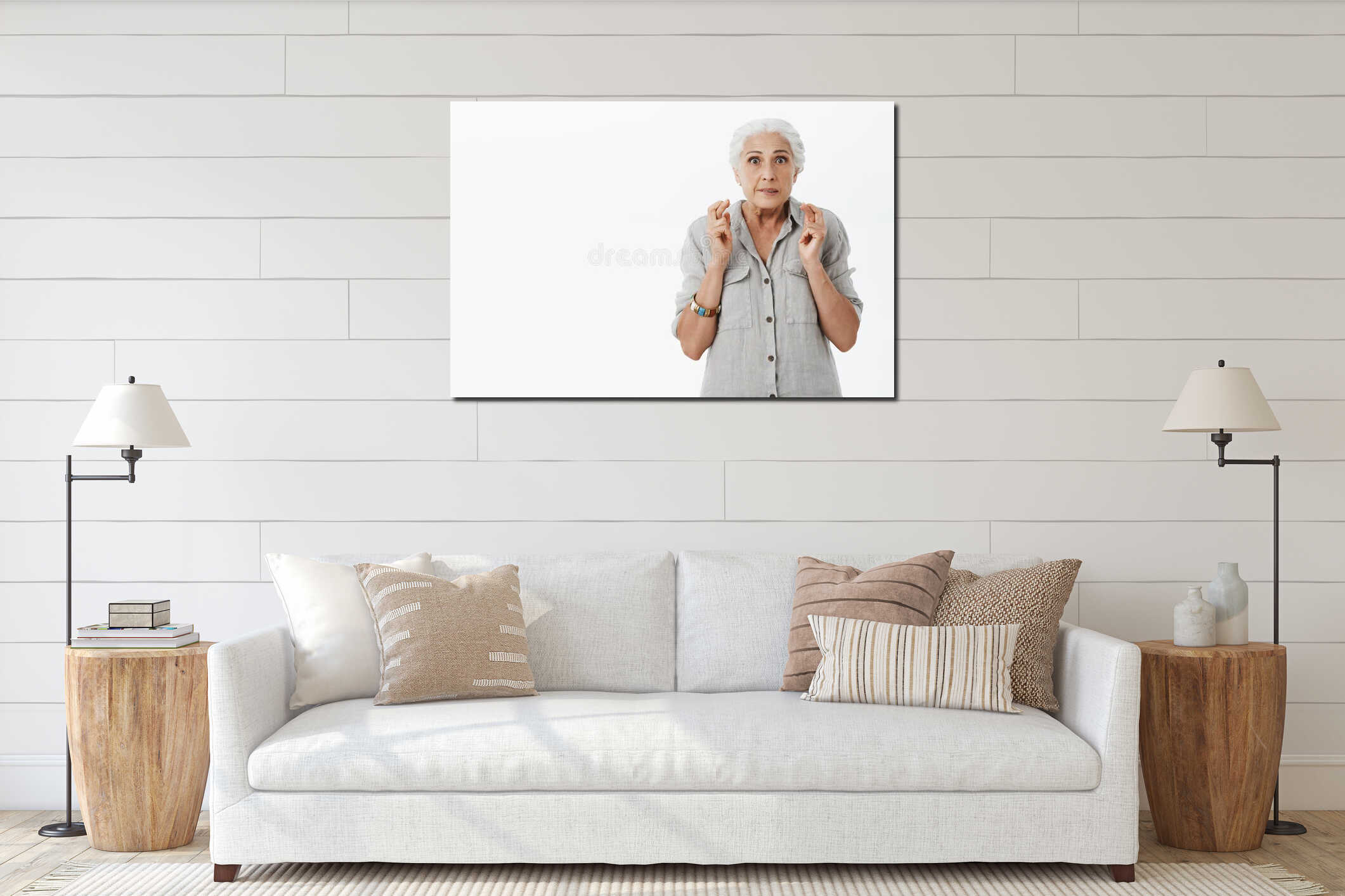 Waist-up shot of energzied worried hopeful granny with white hair in casual shirt clenching teeth crossing fingers for interior mockup