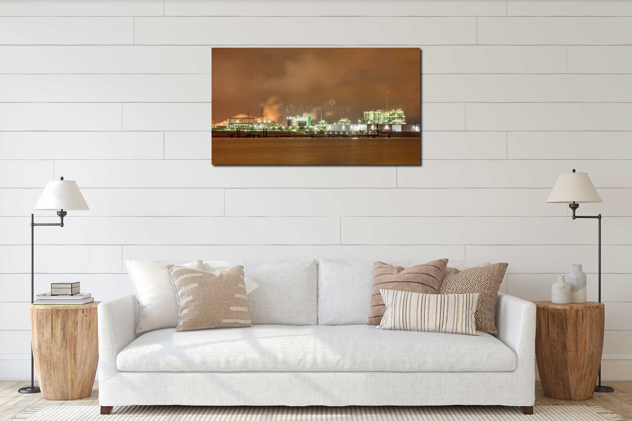 Harbor area with Illuminated petrochemical production plant, Port of Antwerp, Belgium interior mockup