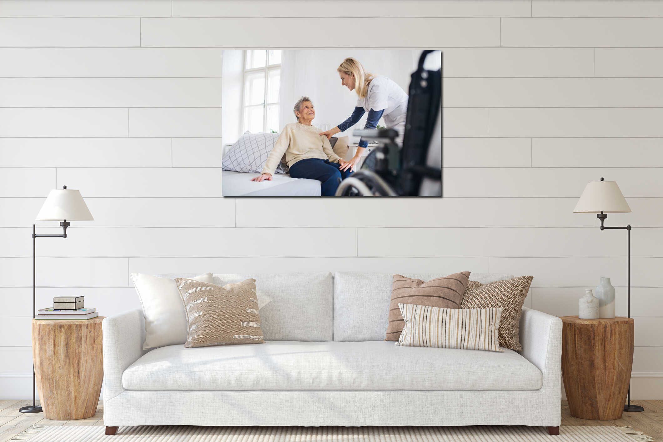 A health visitor talking to a senior woman sitting on bed at home. interior mockup