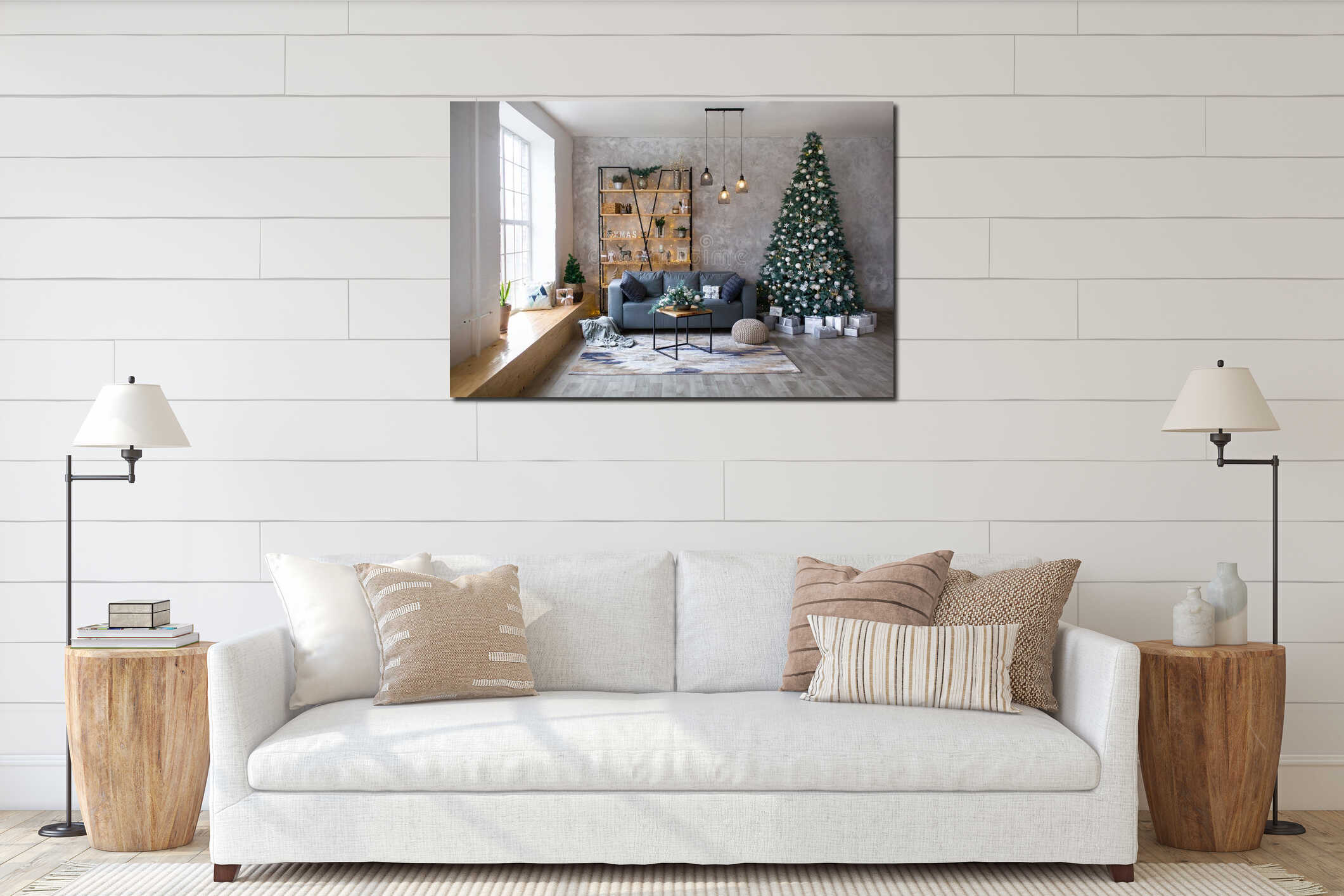 Interior of modern living room with comfortable sofa decorated with Christmas tree and gifts interior mockup
