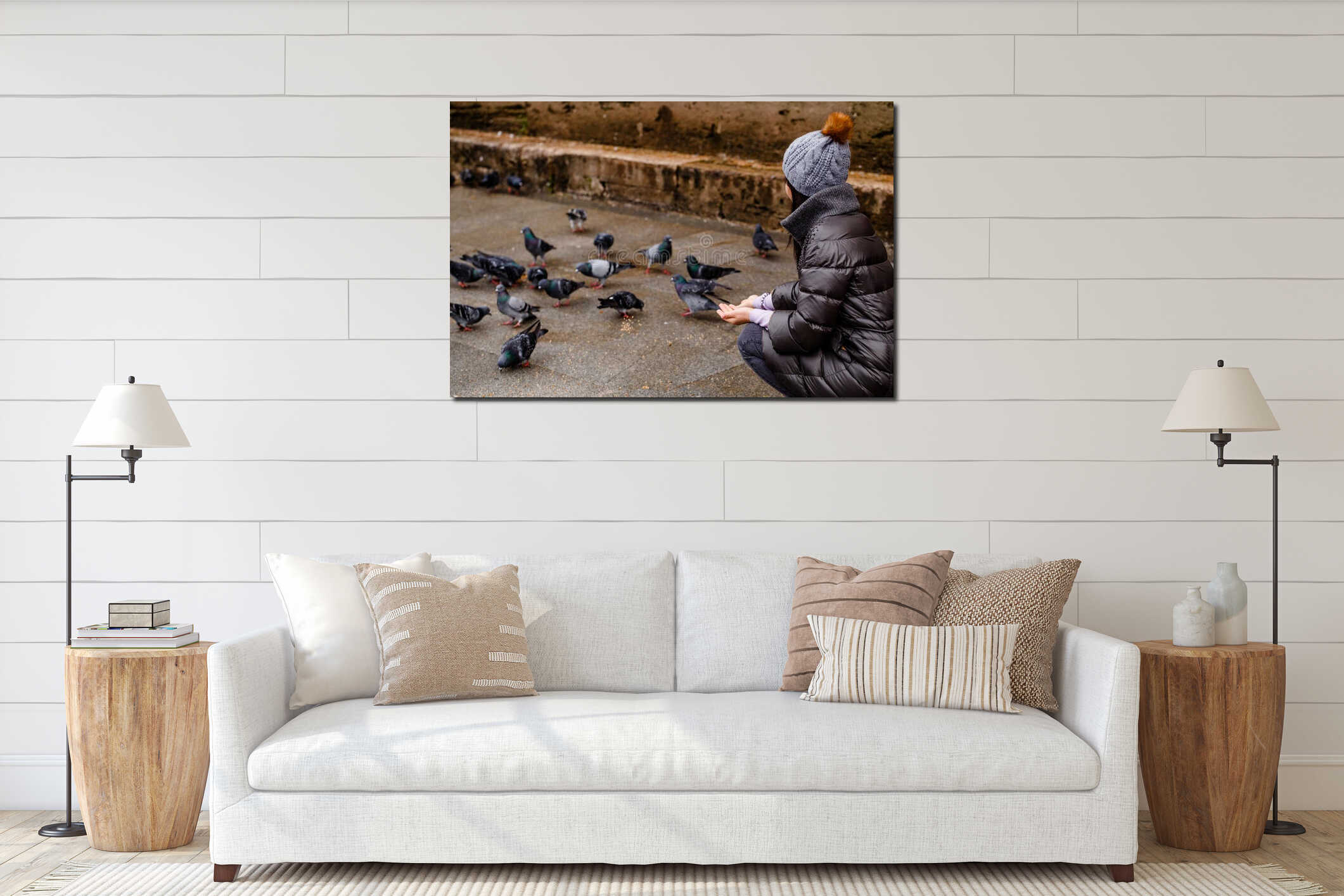 woman feeds pigeons at new mosque courtyard interior mockup