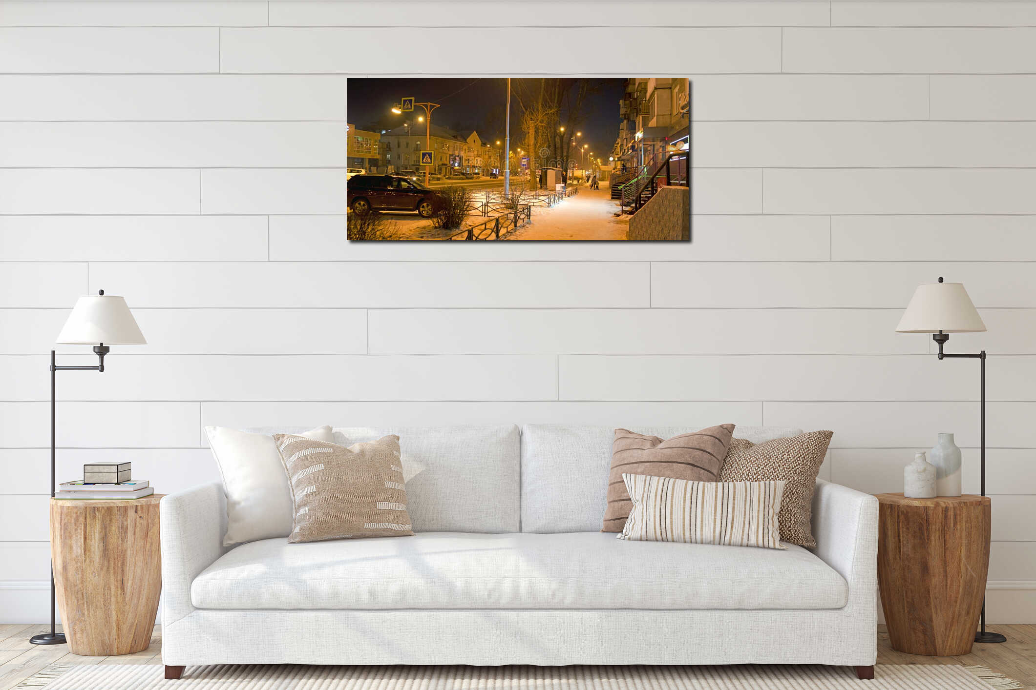 Evening winter city in the light of street lighting lanterns. Panorama. Russia interior mockup