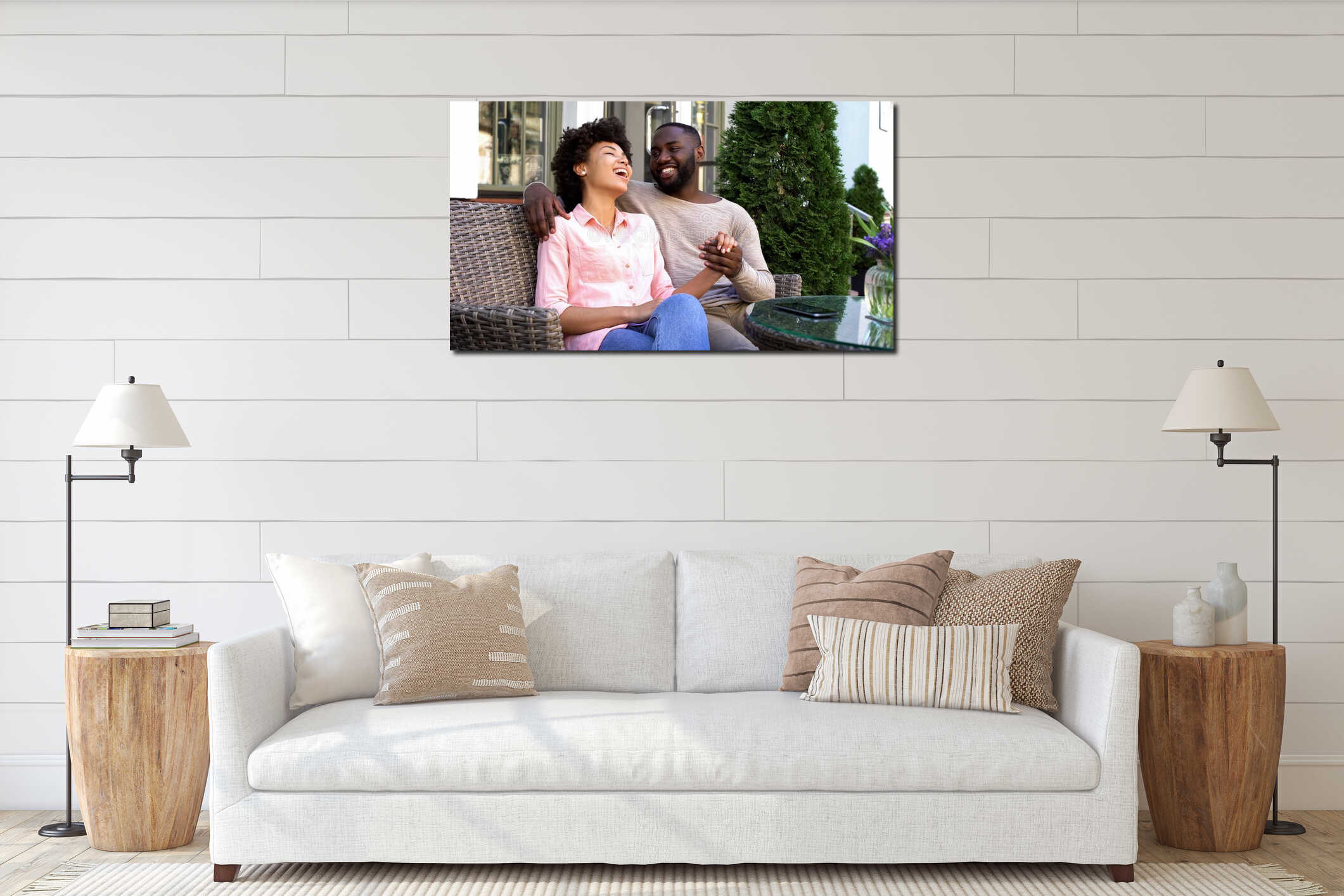 Happy afro-american couple enjoying romantic date, sitting cafe, relations interior mockup