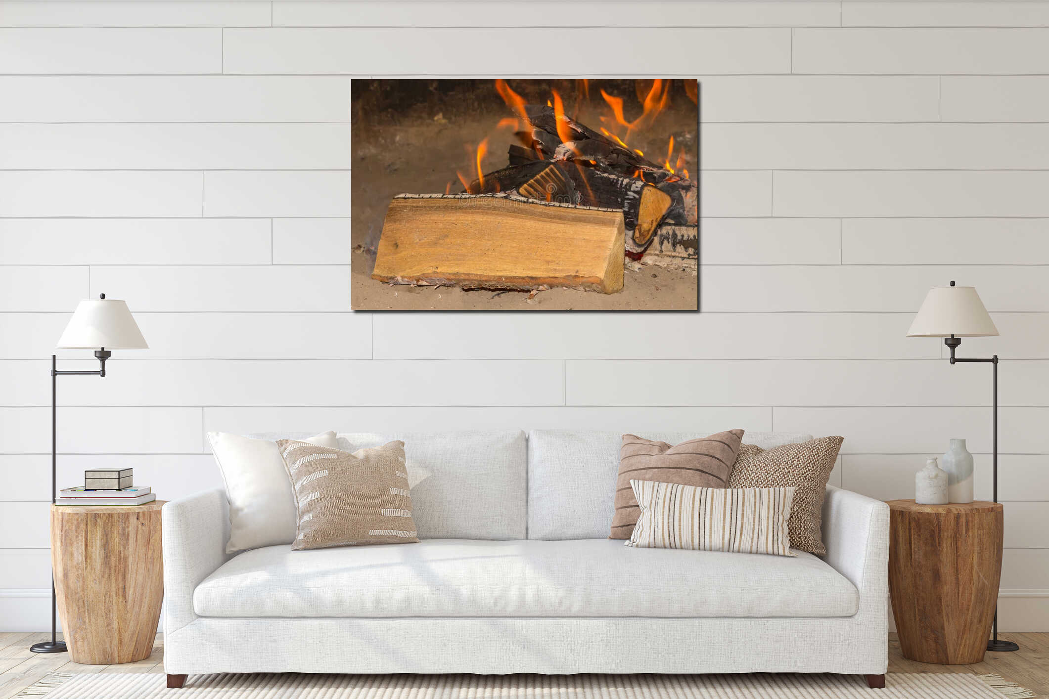 Bonfire orange flame cozy romantic evening at the shore on a background of sand close-up interior mockup