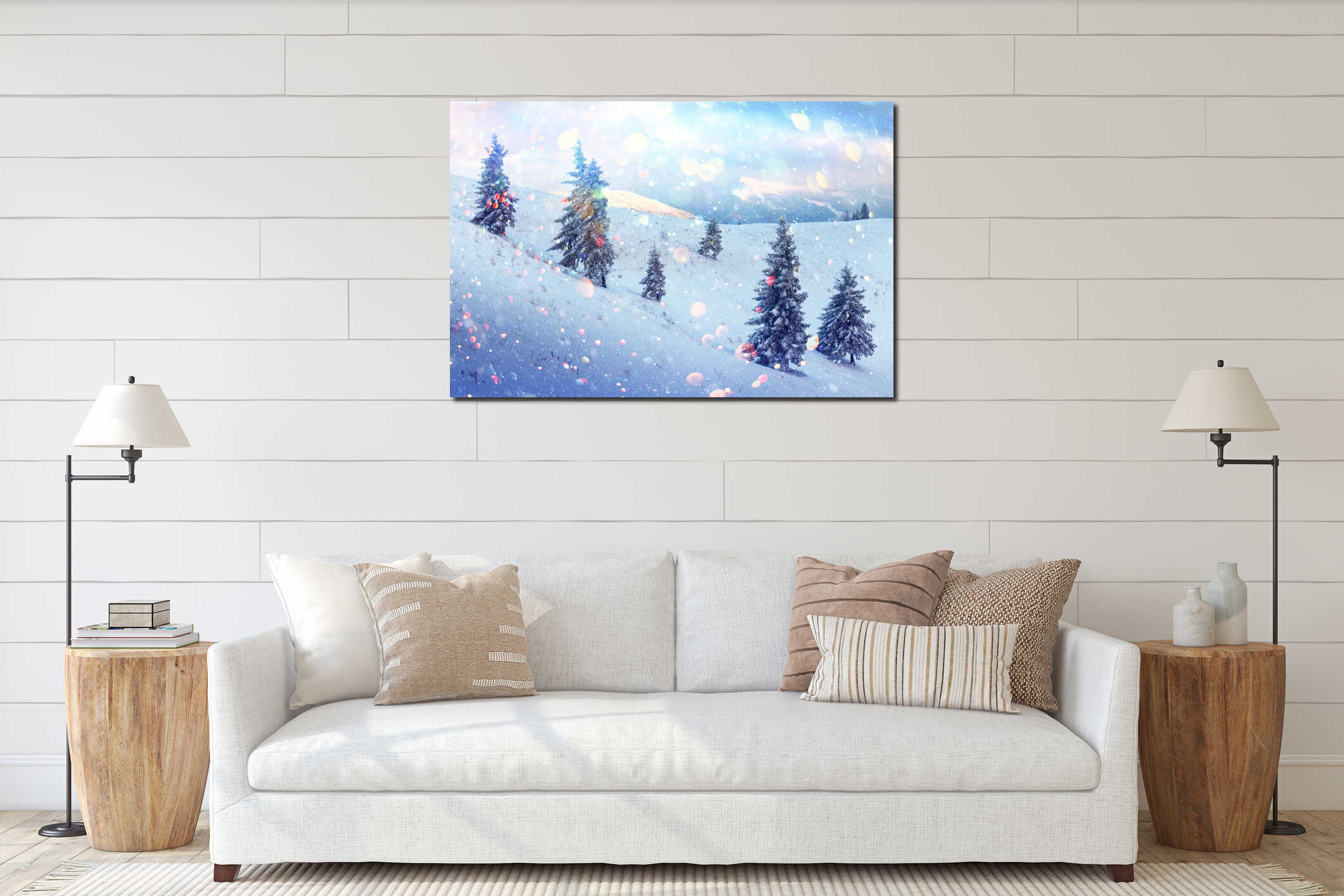 Fantastic winter landscape interior mockup