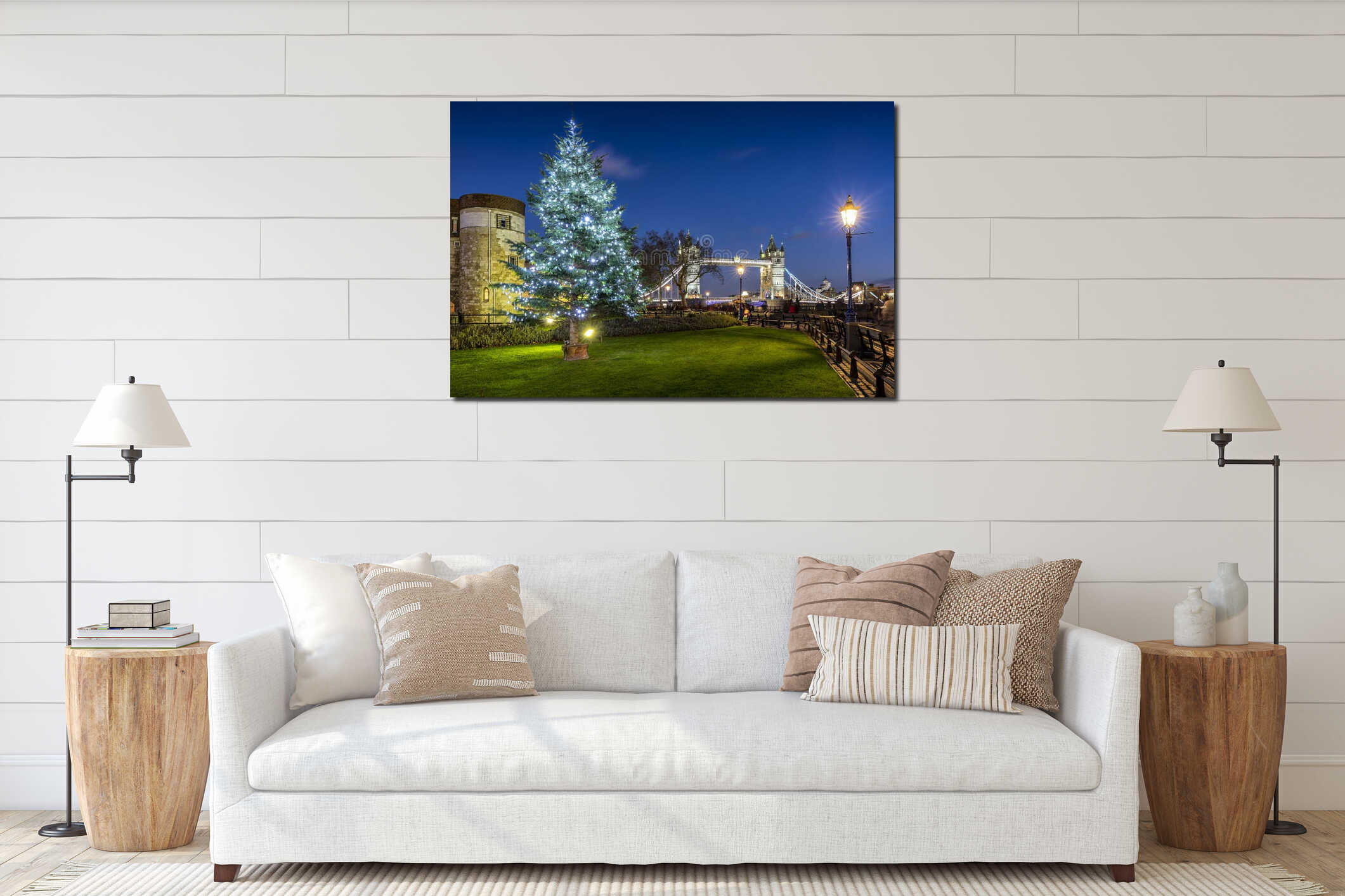 Christmas tree in front of the iconic Tower Bridge in London interior mockup