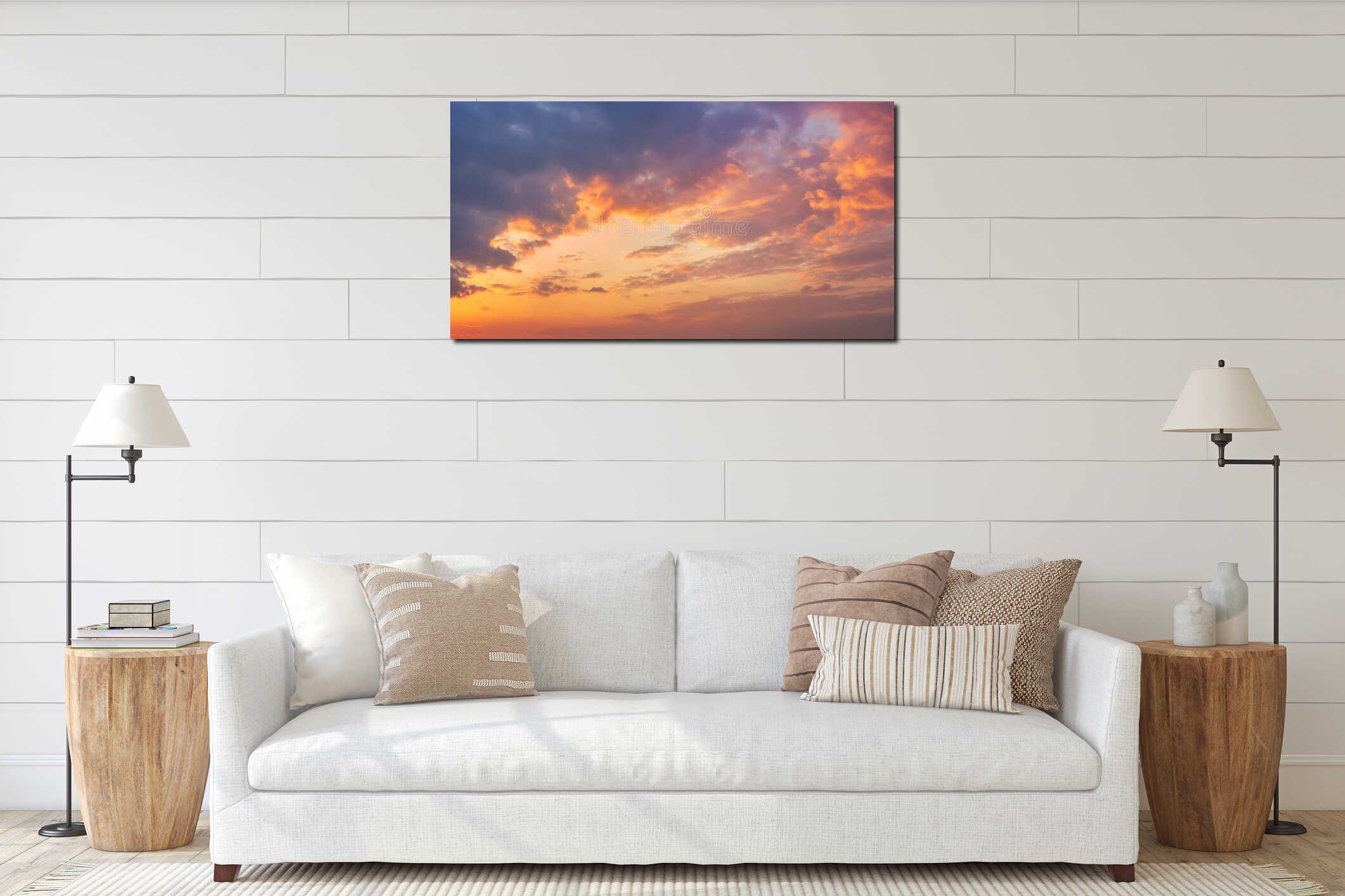 Colorful vibrant dramatic sky with purple to orange clouds. Sunset time. Beautiful nature background interior mockup