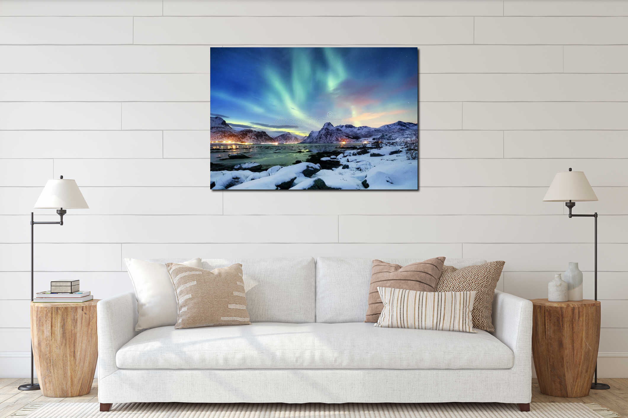 Aurora borealis on the Lofoten islands, Norway. Green northern lights above mountains. Night sky with polar lights. Night winter l interior mockup