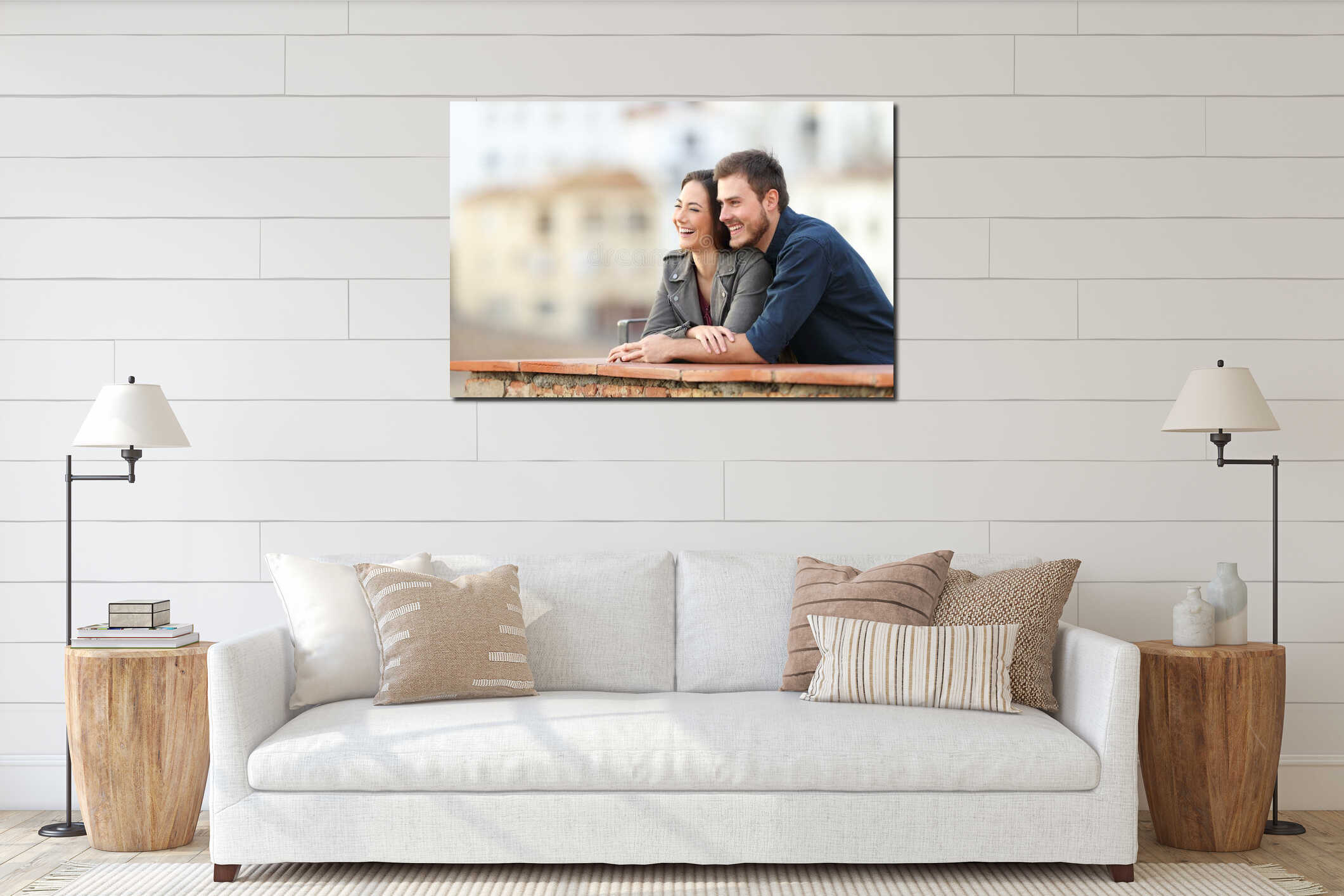 Happy couple enjoying views in a terrace on vacation interior mockup