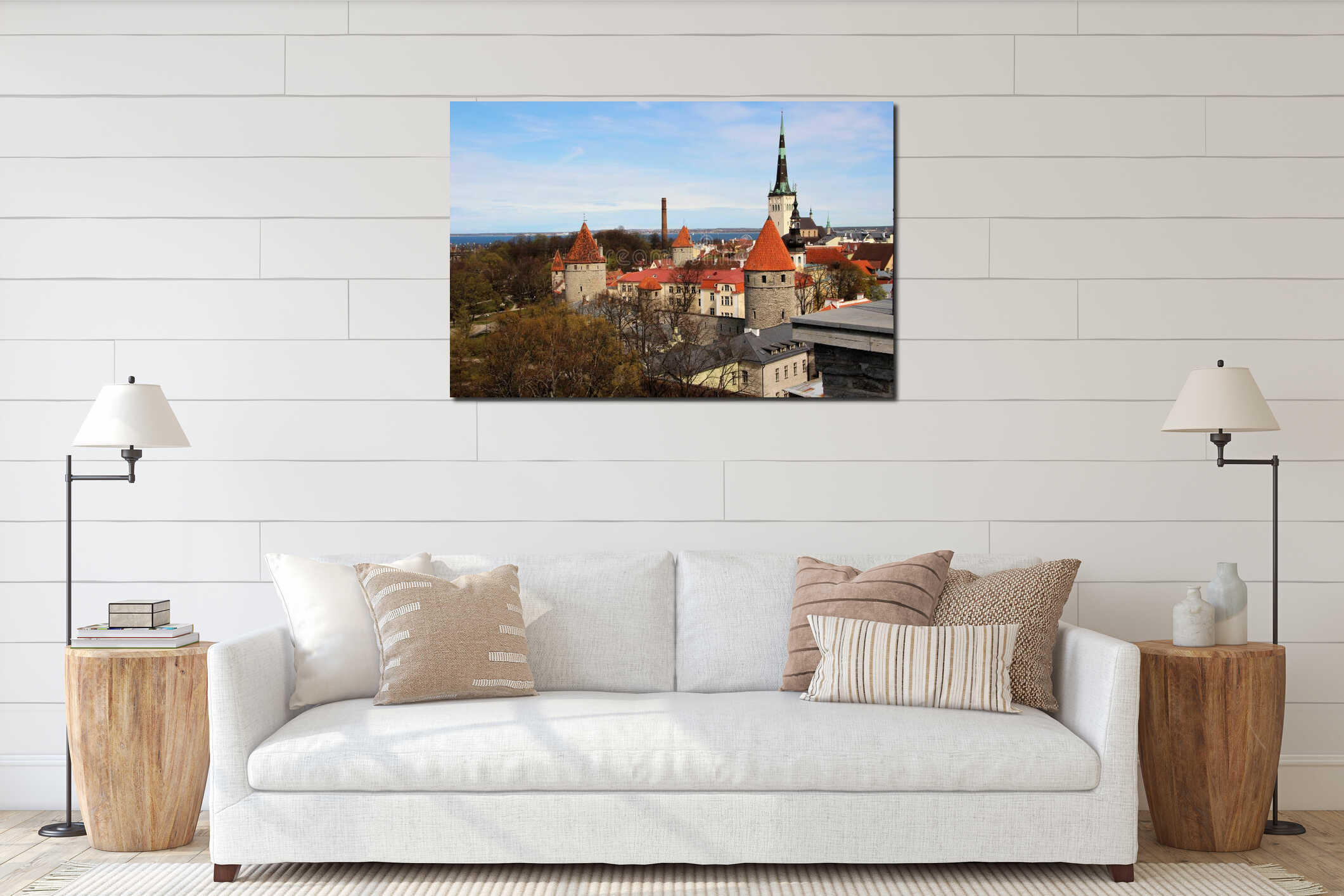 View of the domes, towers, cathedrals, buildings of the old city from the fortress wall in Tallinn, Estonia. interior mockup