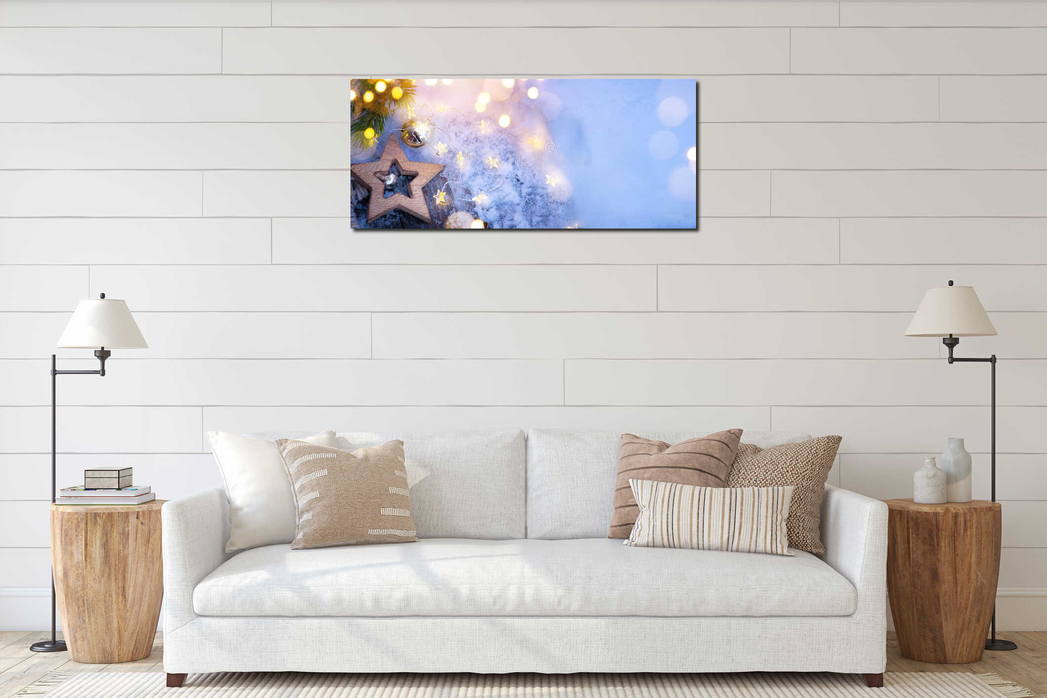 Merry Christmas blue snowy background and fir tree branches with holidays lights interior mockup