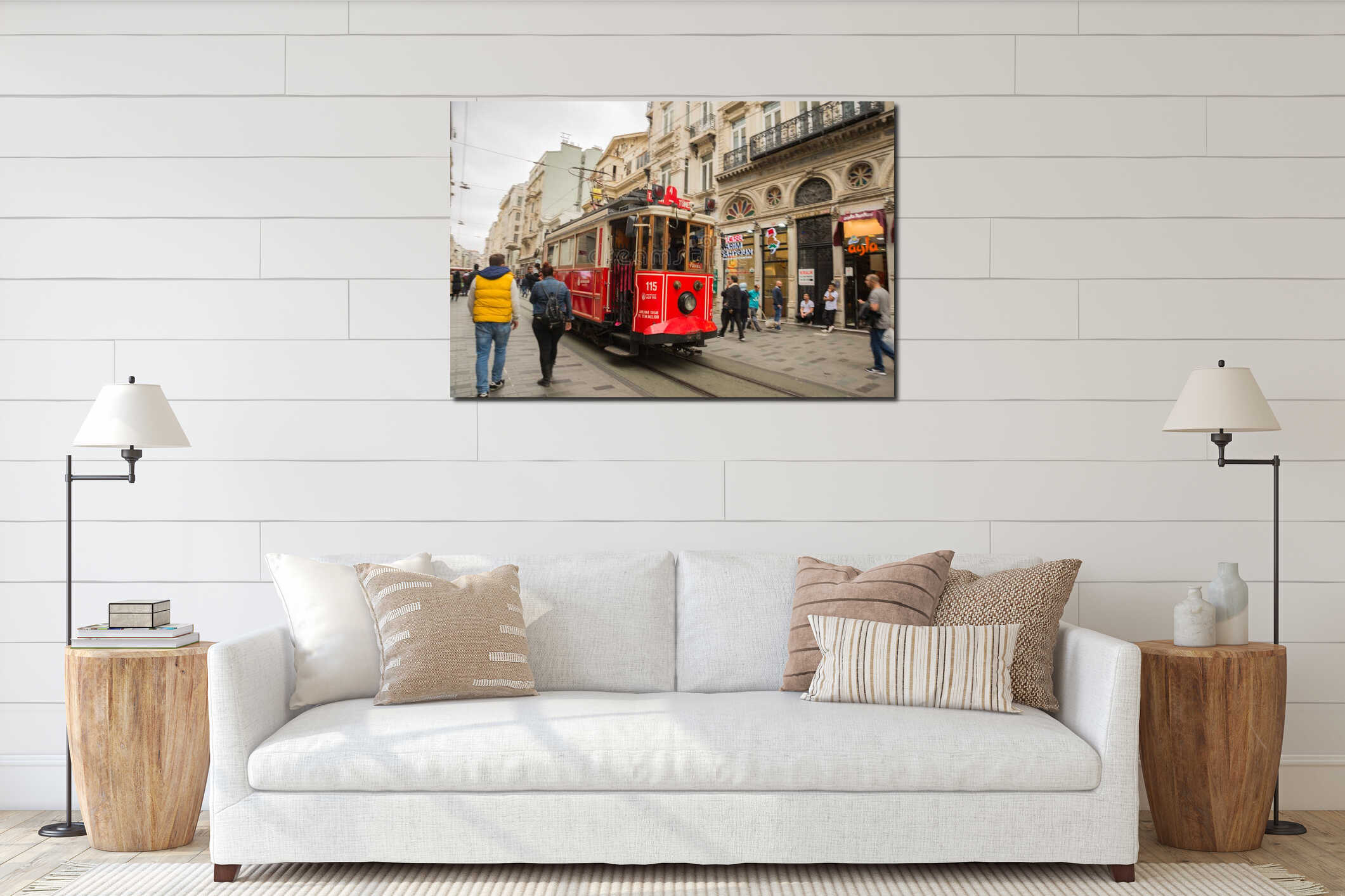 ISTANBUL, TURKEY: Retro tram on Istiklal street. Istanbul historic district. Istanbul famous touristic line. Red tram Taksim-Tunel interior mockup